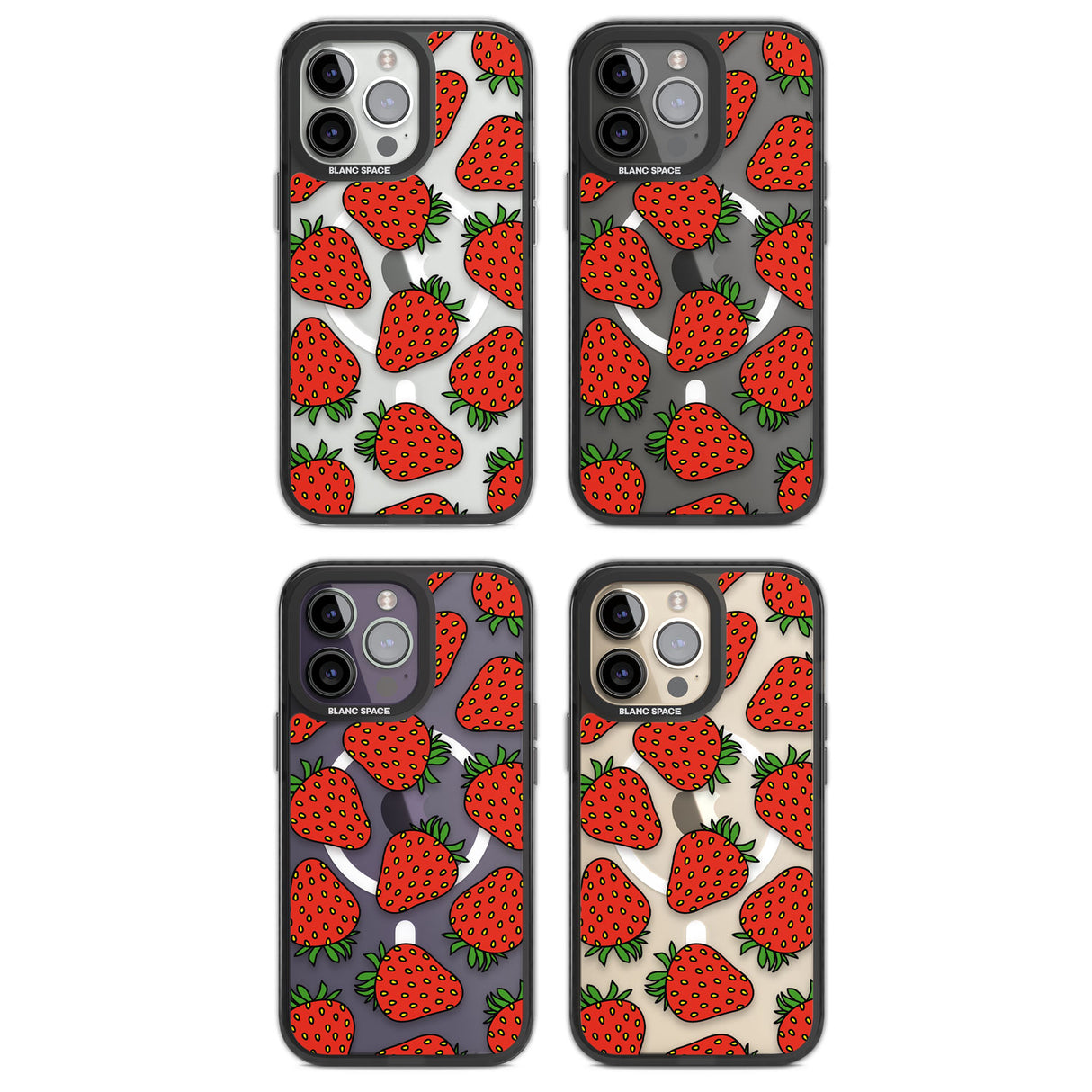 Strawberry Pattern Magsafe Black Impact Phone Case for iPhone 13 Pro, iPhone 14 Pro, iPhone 15 Pro