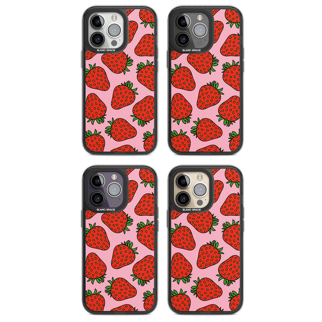 Strawberry Pattern (Pink) Magsafe Black Impact Phone Case for iPhone 13 Pro, iPhone 14 Pro, iPhone 15 Pro