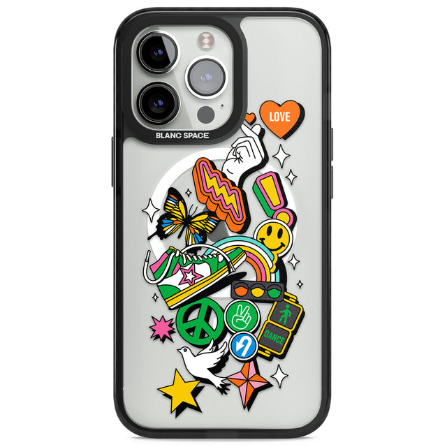 Nostalgic Sticker Collage Magsafe Black Impact Phone Case for iPhone 13 Pro, iPhone 14 Pro, iPhone 15 Pro