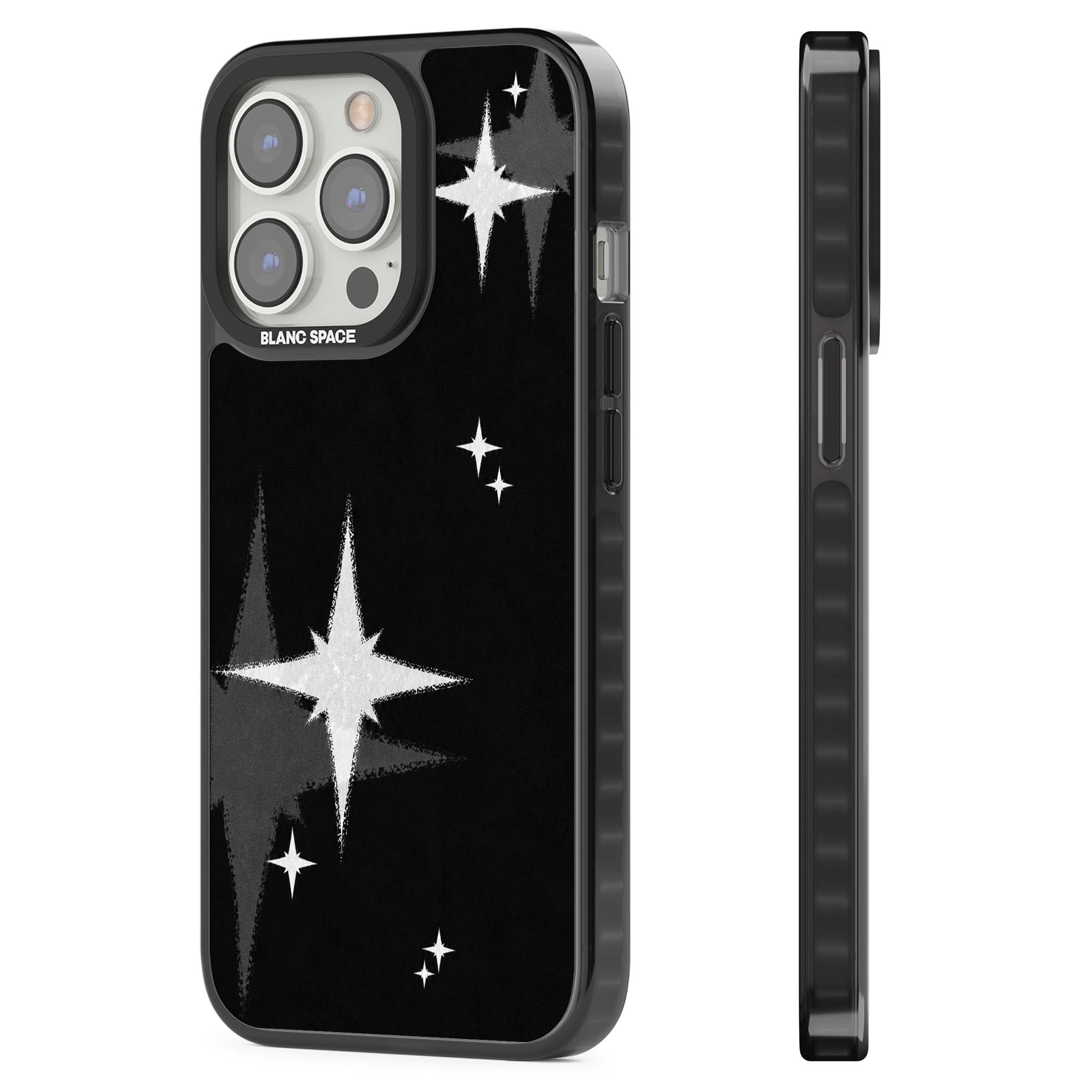 Black Sparkle celestial iPhone case featuring white sparkle stars on a black night sky background | Black Impact Magsafe case for iPhone 13 Pro, iPhone 14 Pro, iPhone 15 Pro
