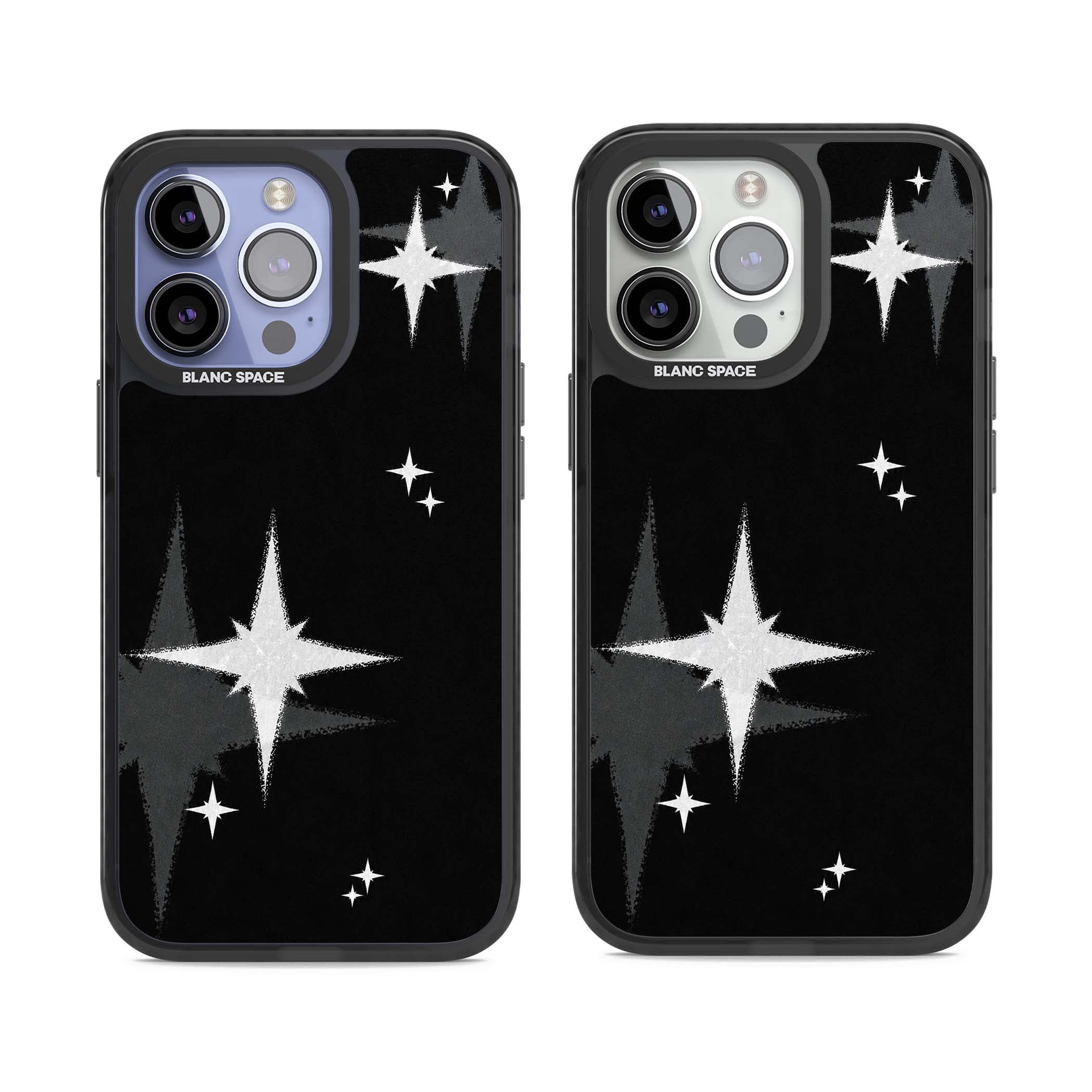Black Sparkle celestial iPhone case featuring white sparkle stars on a black night sky background | Black Impact Magsafe case for iPhone 13 Pro, iPhone 14 Pro, iPhone 15 Pro