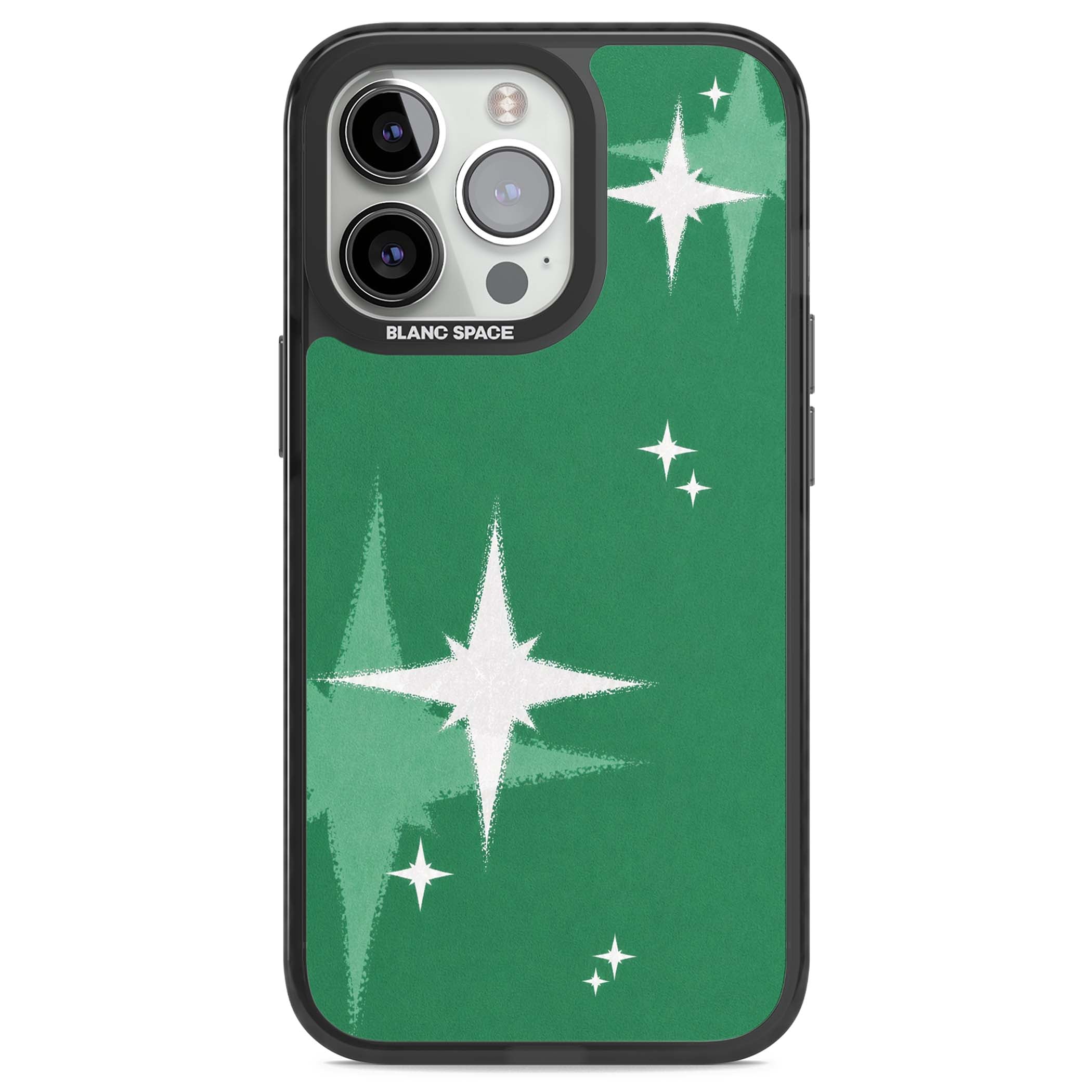 Green Sparkle celestial iPhone case featuring sparkling white four-point stars on a deep green background | Black Impact Magsafe case for iPhone 13 Pro, iPhone 14 Pro, iPhone 15 Pro