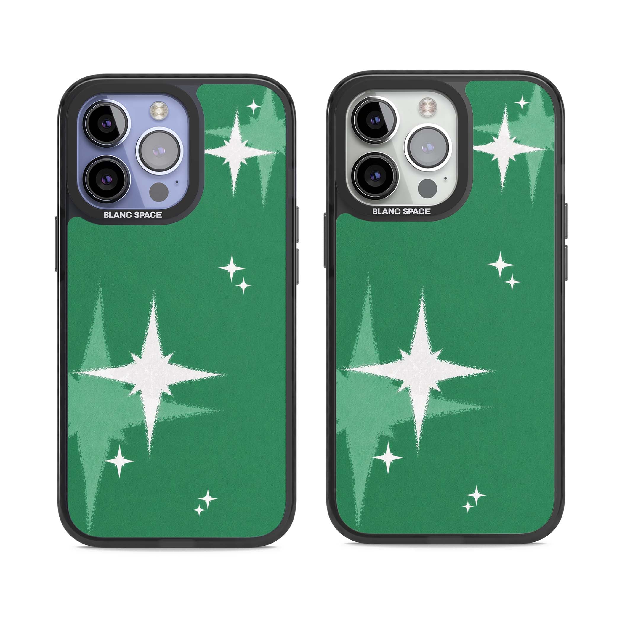 Green Sparkle celestial iPhone case featuring sparkling white four-point stars on a deep green background | Black Impact Magsafe case for iPhone 13 Pro, iPhone 14 Pro, iPhone 15 Pro