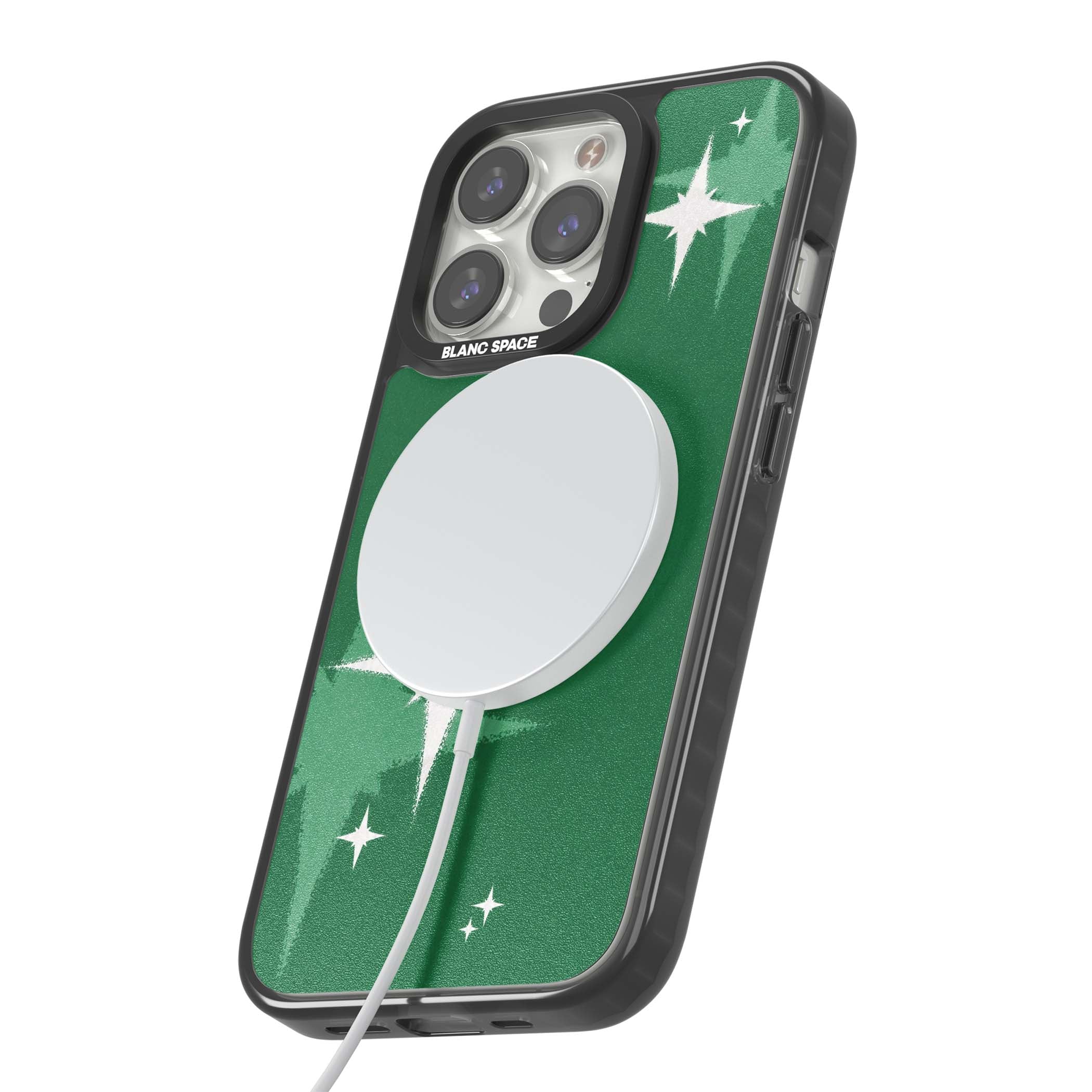Green Sparkle celestial iPhone case featuring sparkling white four-point stars on a deep green background | Black Impact Magsafe case for iPhone 13 Pro, iPhone 14 Pro, iPhone 15 Pro