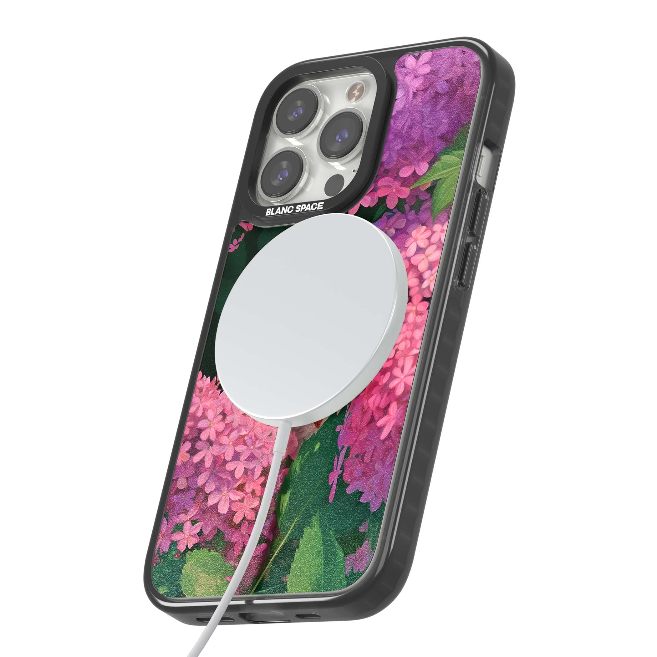 Cat In Pink Flowers cottagecore iPhone case featuring a ginger kitten peeking through lilac and pink hydrangea flo | Black Impact Magsafe case for iPhone 13 Pro, iPhone 14 Pro, iPhone 15 Pro