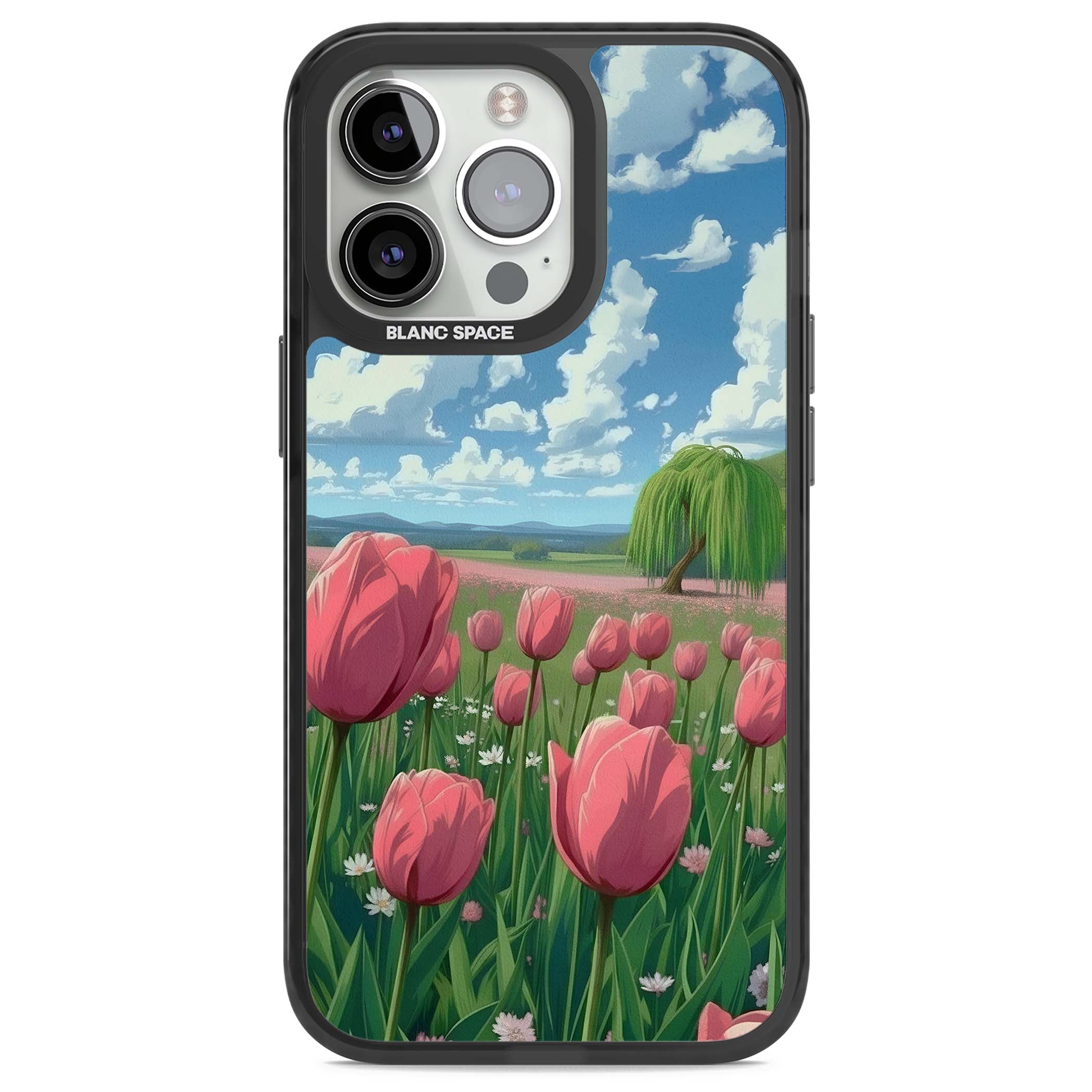 Willow By The Pink Tulips floral iPhone case | Black Impact Magsafe case for iPhone 13 Pro, iPhone 14 Pro, iPhone 15 Pro