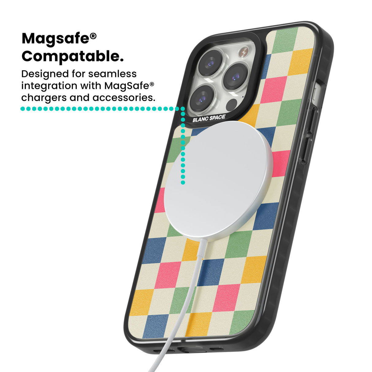 Pastel Multicolor Checkered Magsafe Black Impact Phone Case for iPhone 13 Pro, iPhone 14 Pro, iPhone 15 Pro