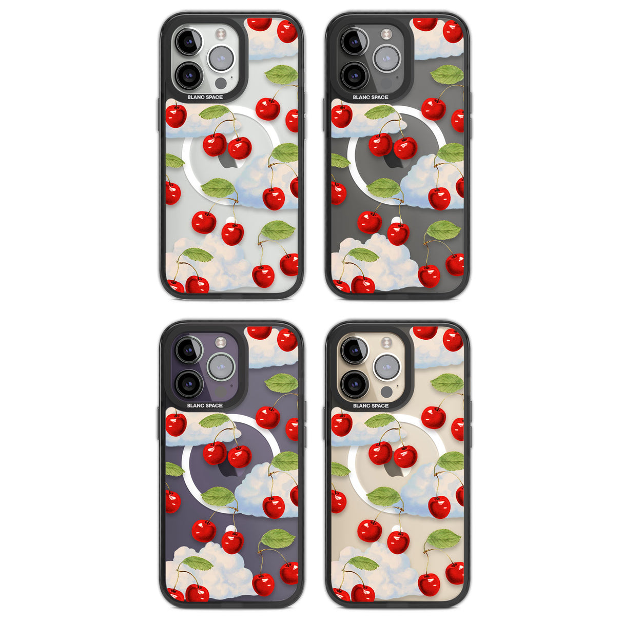 Vintage Cherries & Clouds Magsafe Black Impact Phone Case for iPhone 13 Pro, iPhone 14 Pro, iPhone 15 Pro