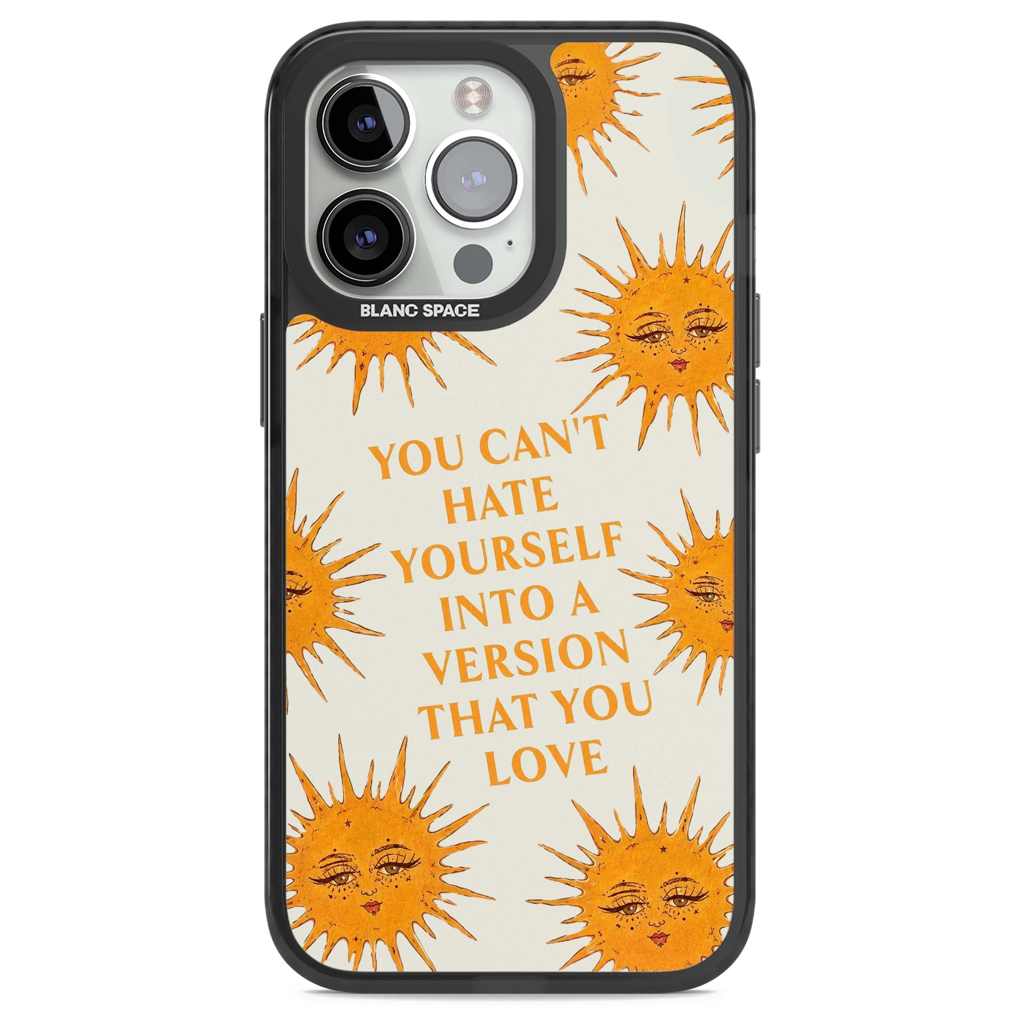 Don't Hate Yourself celestial iPhone case featuring vintage sun faces, ochre rays and a self-love quote | Black Impact Magsafe case for iPhone 13 Pro, iPhone 14 Pro, iPhone 15 Pro