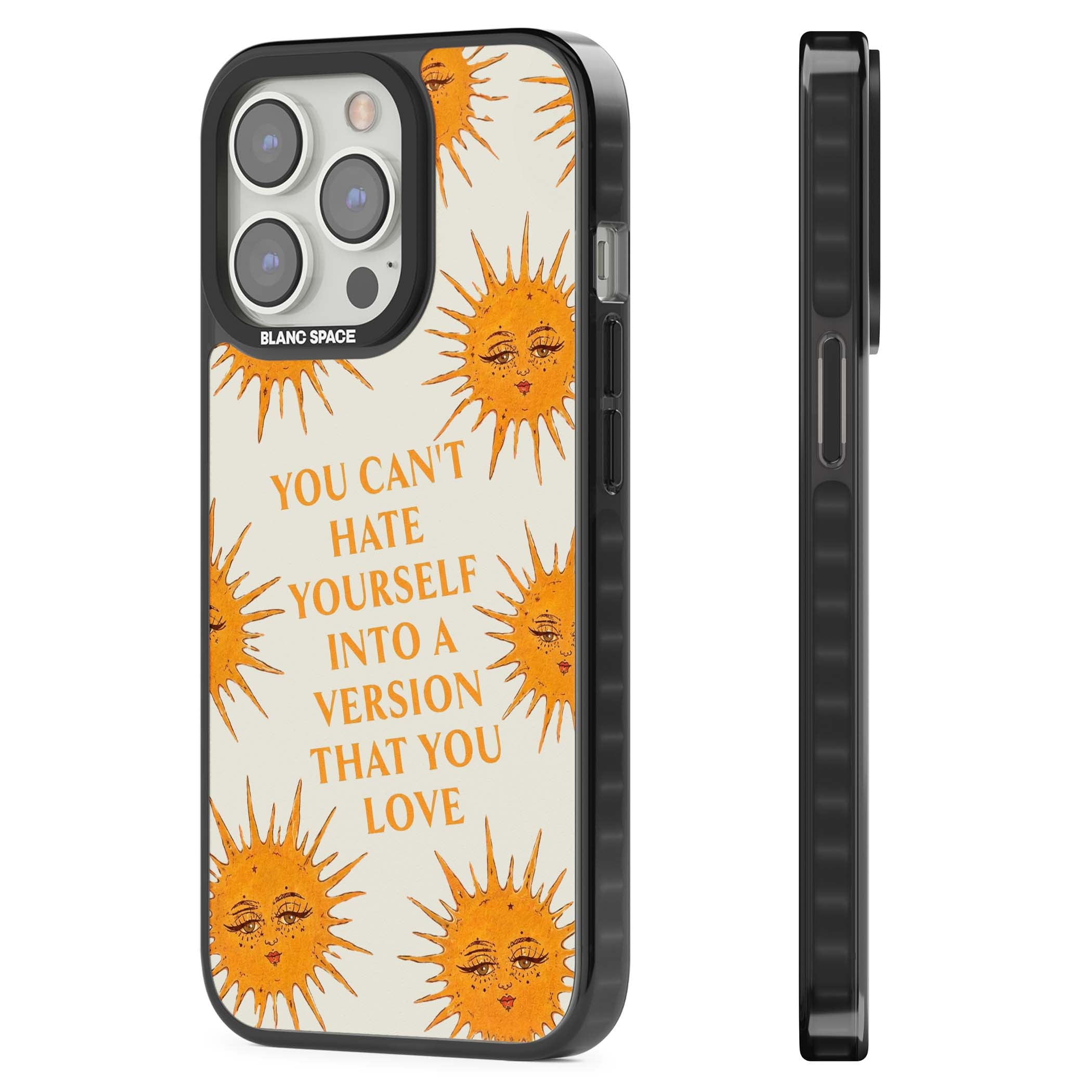 Don't Hate Yourself celestial iPhone case featuring vintage sun faces, ochre rays and a self-love quote | Black Impact Magsafe case for iPhone 13 Pro, iPhone 14 Pro, iPhone 15 Pro