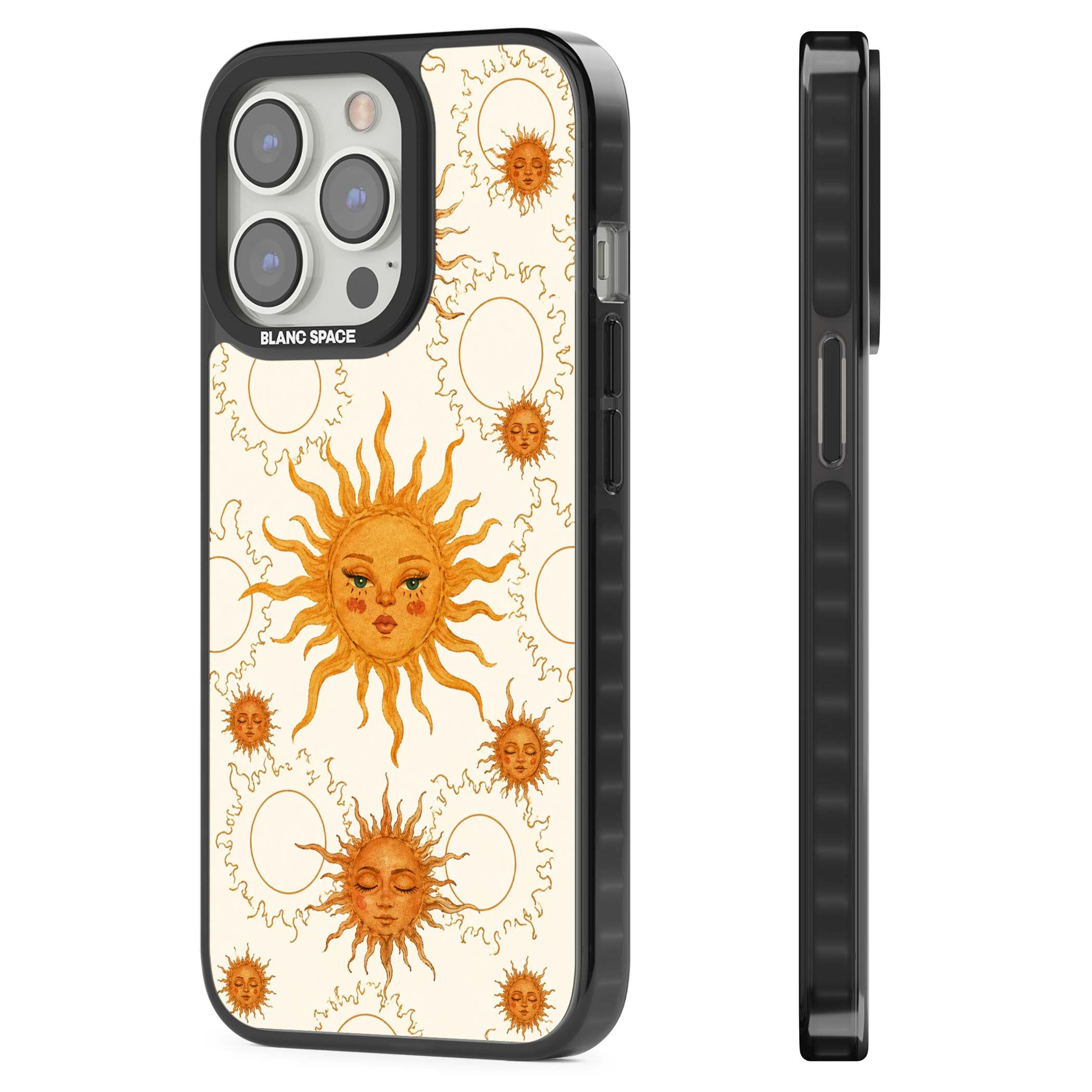 Solstice Muse celestial iPhone case featuring hand-painted golden sun faces, closed-eye sun goddesses and outlined moons... | Black Impact Magsafe case for iPhone 13 Pro, iPhone 14 Pro, iPhone 15 Pro