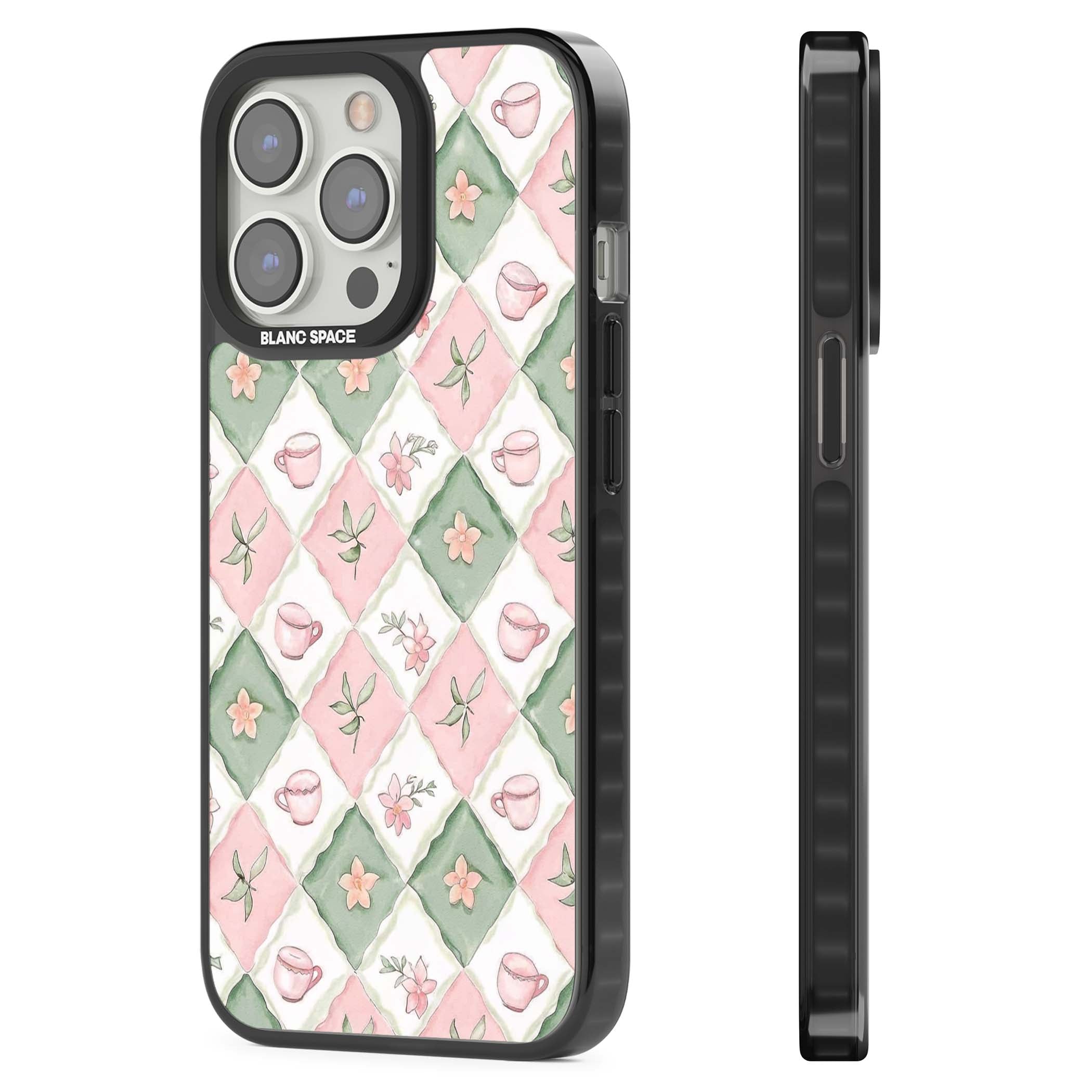 Garden Tea Party coquette iPhone case with pink and green checkered pattern, watercolour teacups and wildflowers | Black Impact Magsafe case for iPhone 13 Pro, iPhone 14 Pro, iPhone 15 Pro