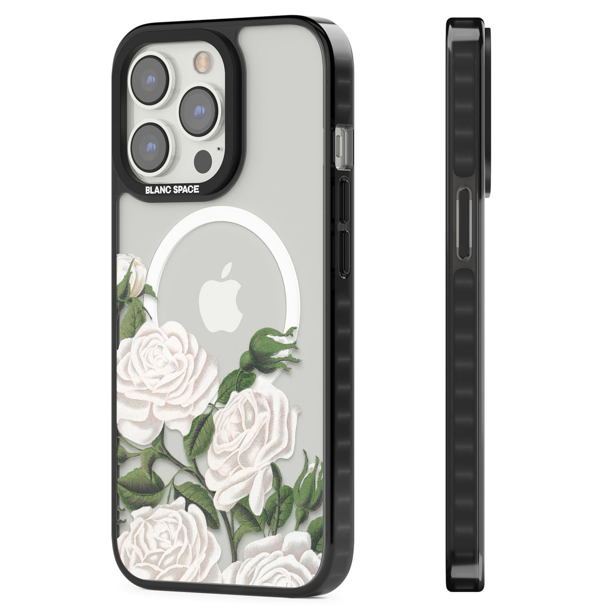 White Vintage Painted Flowers Magsafe Black Impact Phone Case for iPhone 13 Pro, iPhone 14 Pro, iPhone 15 Pro
