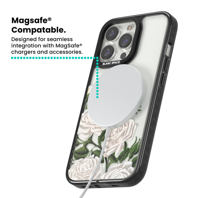 White Vintage Painted Flowers Magsafe Black Impact Phone Case for iPhone 13 Pro, iPhone 14 Pro, iPhone 15 Pro