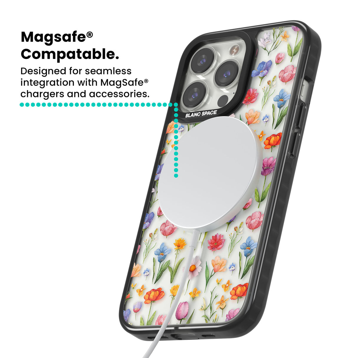 Small Flower Mix Magsafe Black Impact Phone Case for iPhone 13 Pro, iPhone 14 Pro, iPhone 15 Pro