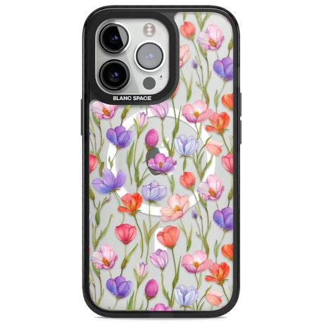 Red, Pink & Purple Flowers Magsafe Black Impact Phone Case for iPhone 13 Pro, iPhone 14 Pro, iPhone 15 Pro