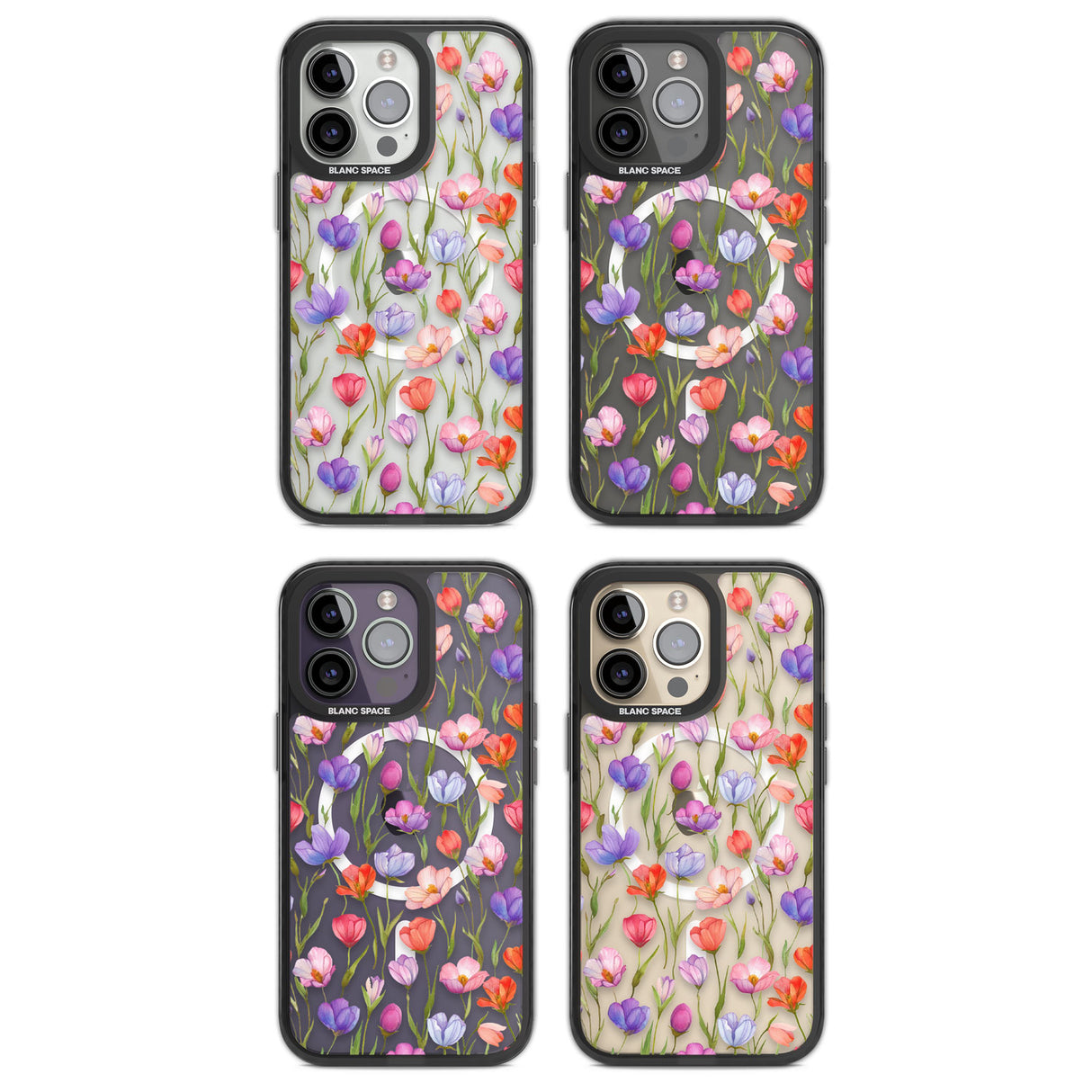 Red, Pink & Purple Flowers Magsafe Black Impact Phone Case for iPhone 13 Pro, iPhone 14 Pro, iPhone 15 Pro