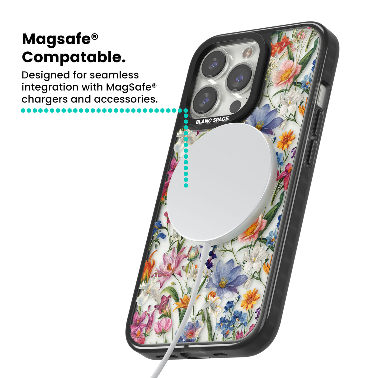 Vintage Wildflowers Magsafe Black Impact Phone Case for iPhone 13 Pro, iPhone 14 Pro, iPhone 15 Pro