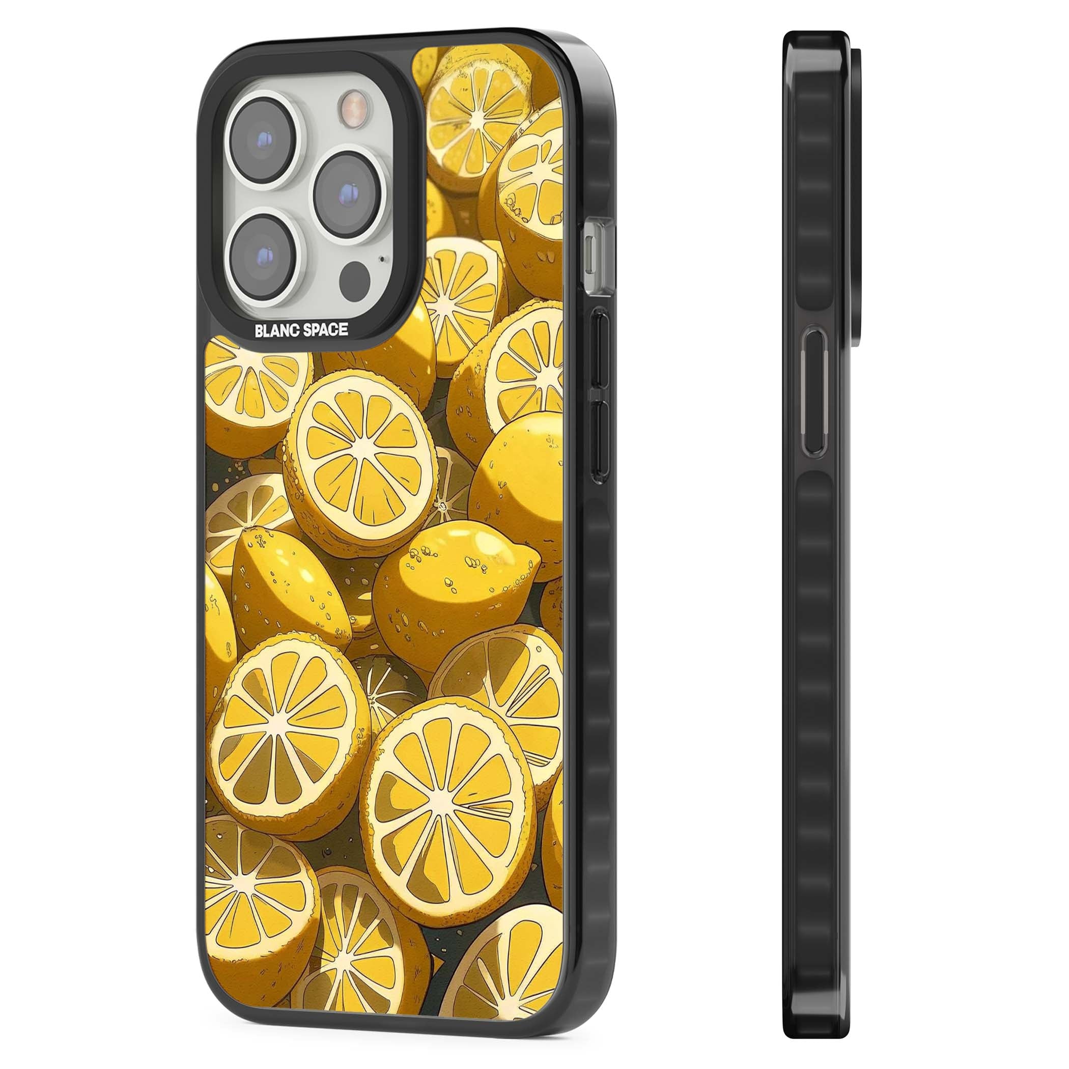 Zesty coastal iPhone case featuring illustrated Mediterranean lemons and citrus slices in golden yellow | Black Impact Magsafe case for iPhone 13 Pro, iPhone 14 Pro, iPhone 15 Pro