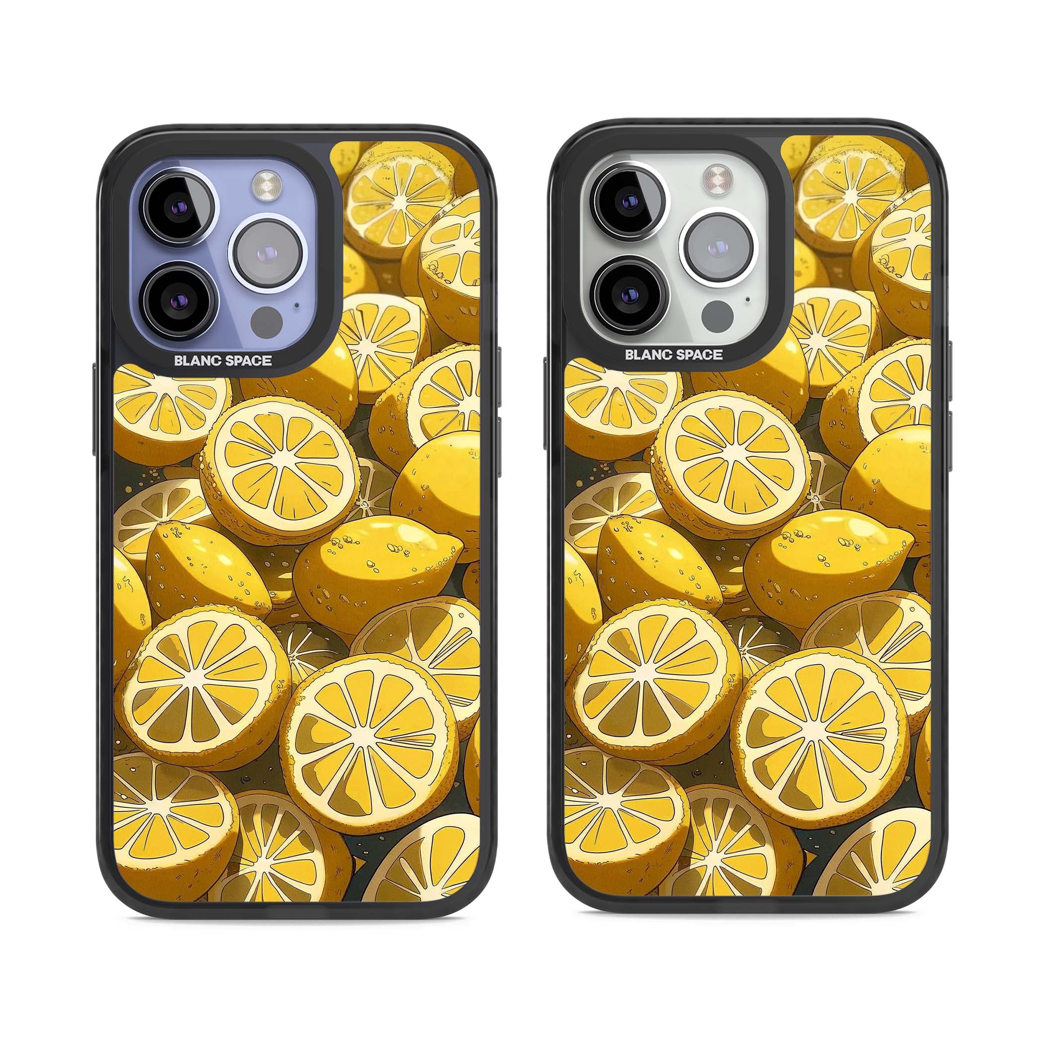 Zesty coastal iPhone case featuring illustrated Mediterranean lemons and citrus slices in golden yellow | Black Impact Magsafe case for iPhone 13 Pro, iPhone 14 Pro, iPhone 15 Pro