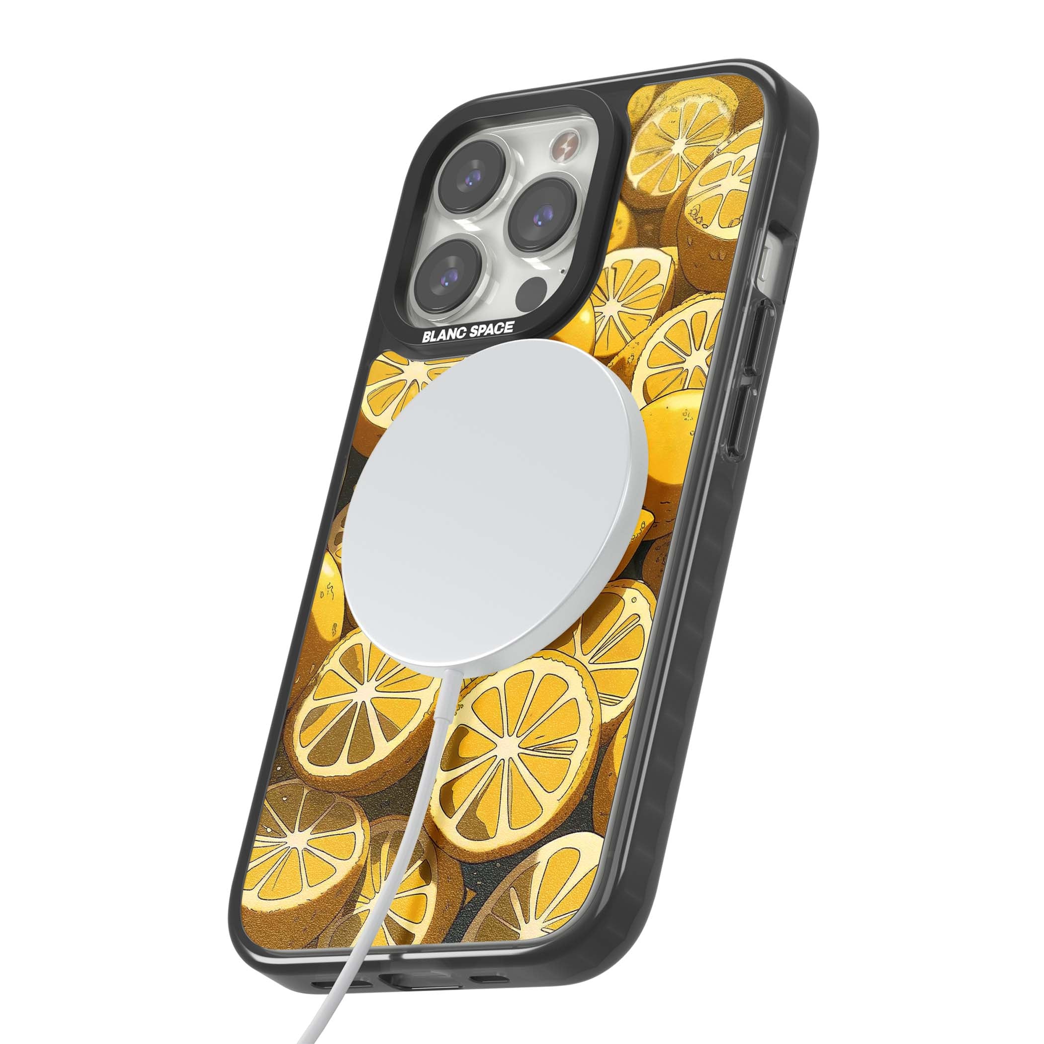 Zesty coastal iPhone case featuring illustrated Mediterranean lemons and citrus slices in golden yellow | Black Impact Magsafe case for iPhone 13 Pro, iPhone 14 Pro, iPhone 15 Pro