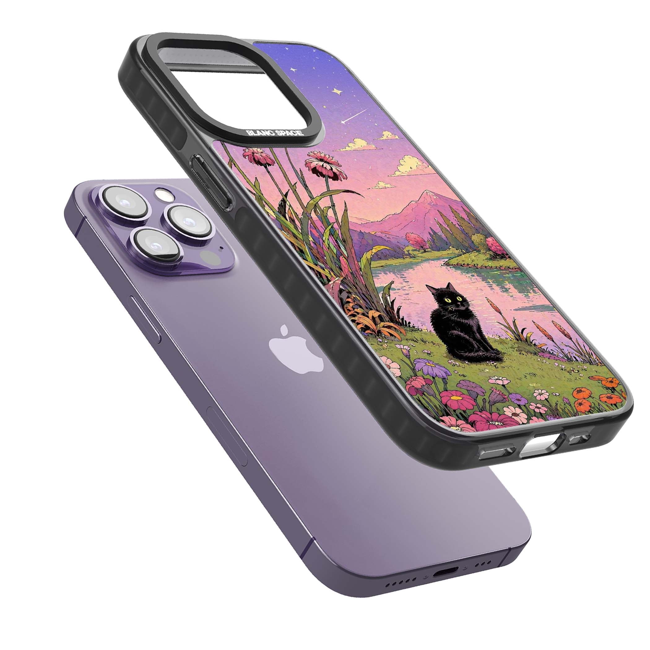 Mystic Whiskers ghibli iPhone case featuring a black cat by a pastel lake, wildflowers and a starry sunset sky | Black Impact case for iPhone 13 Pro, iPhone 14 Pro, iPhone 15 Pro
