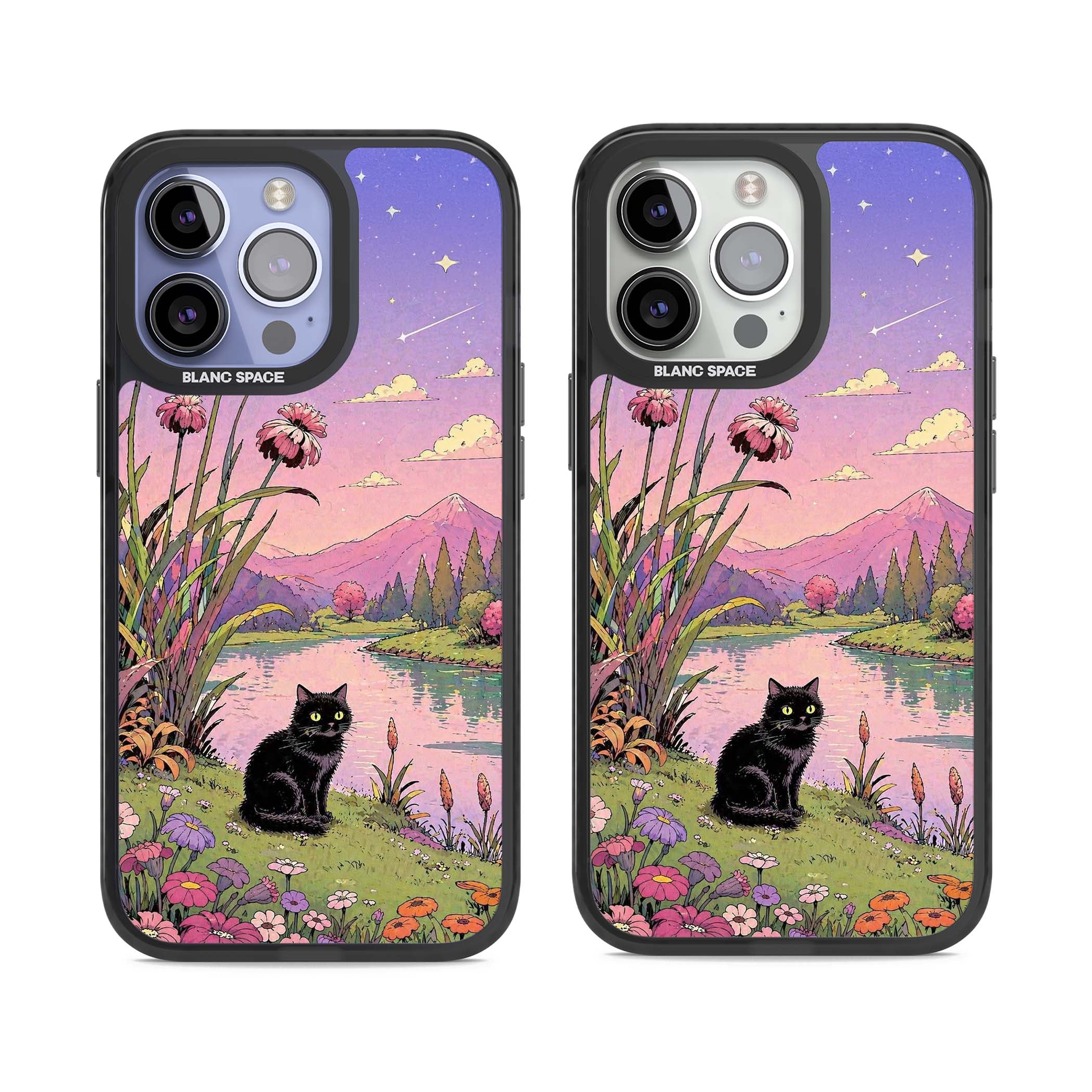 Mystic Whiskers ghibli iPhone case featuring a black cat by a pastel lake, wildflowers and a starry sunset sky | Black Impact case for iPhone 13 Pro, iPhone 14 Pro, iPhone 15 Pro