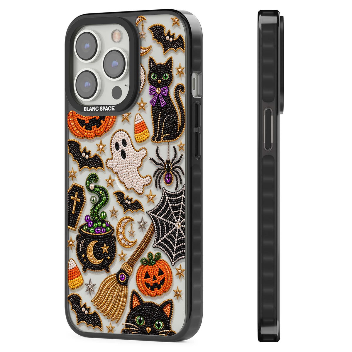 Beaded Halloween Halloween iPhone case featuring beaded pumpkins, ghosts, black cats and bats | Black Impact case for iPhone 13 Pro, iPhone 14 Pro, iPhone 15 Pro