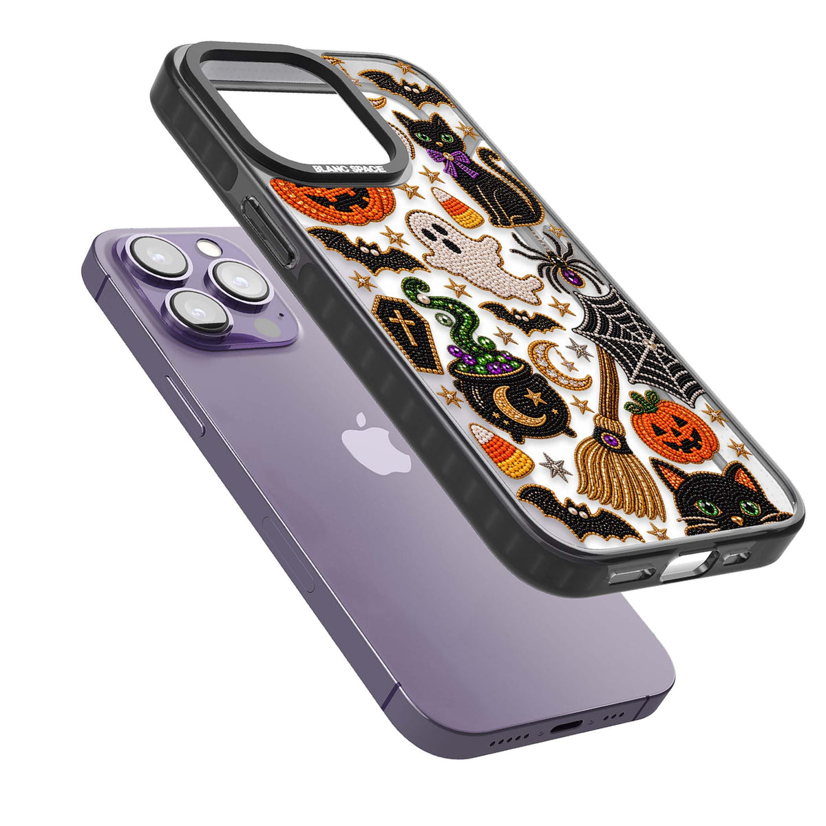 Beaded Halloween Halloween iPhone case featuring beaded pumpkins, ghosts, black cats and bats | Black Impact case for iPhone 13 Pro, iPhone 14 Pro, iPhone 15 Pro