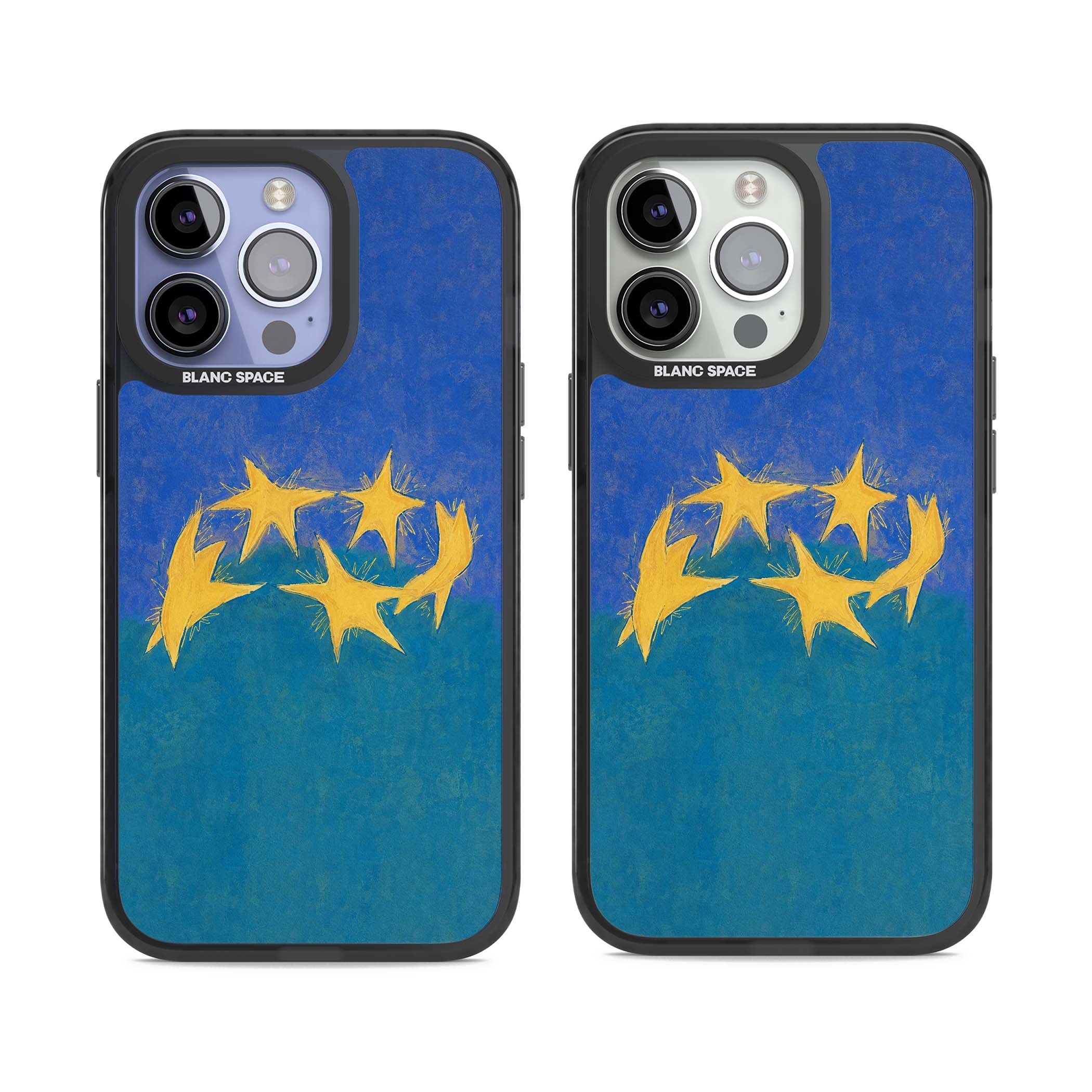 Star Boogie stars aesthetic iPhone case featuring five yellow hand-painted stars on cobalt blue and teal | Black Impact case for iPhone 13 Pro, iPhone 14 Pro, iPhone 15 Pro
