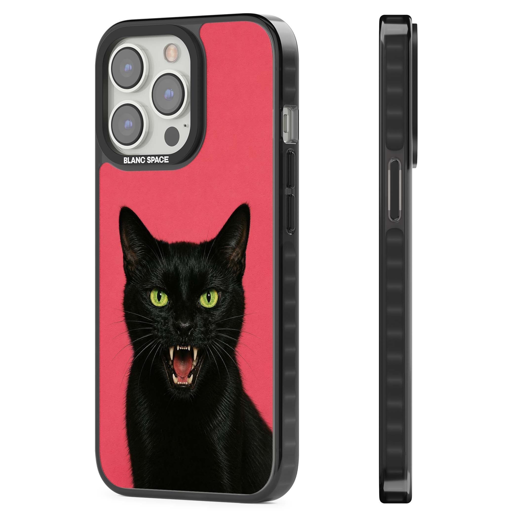 Hissin' Baddie black cat iPhone case featuring a hissing feline with green eyes on a hot pink background | Black Impact case for iPhone 13 Pro, iPhone 14 Pro, iPhone 15 Pro