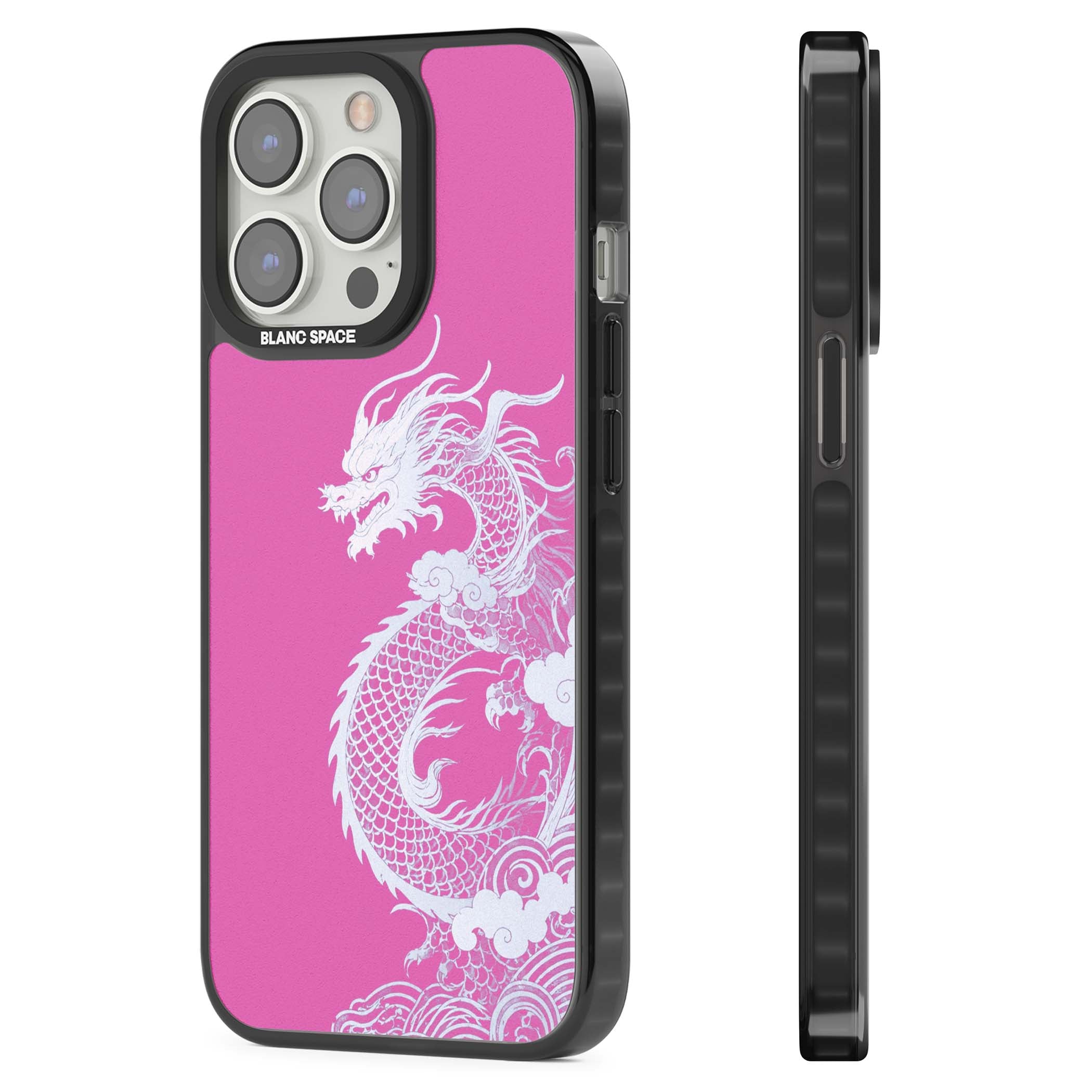 Pink Empress chinese dragon iPhone case featuring a white dragon, swirling clouds and pink dragon wallpaper backdrop | Black Impact case for iPhone 13 Pro, iPhone 14 Pro, iPhone 15 Pro