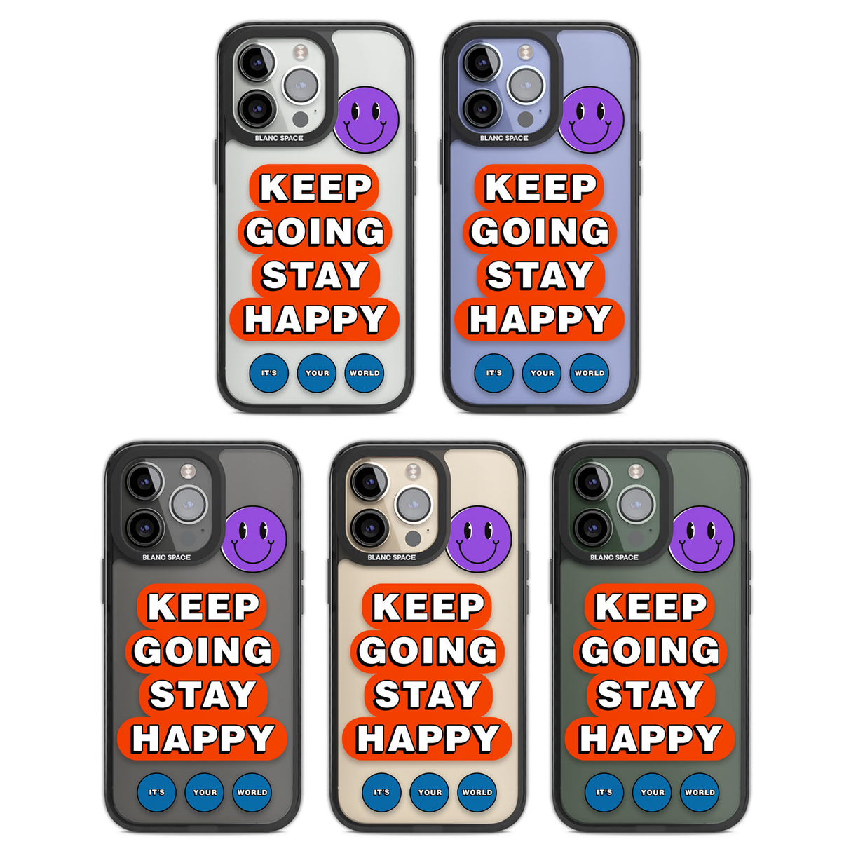 Keep Going Stay Happy Black Impact Phone Case for iPhone 13 Pro, iPhone 14 Pro, iPhone 15 Pro