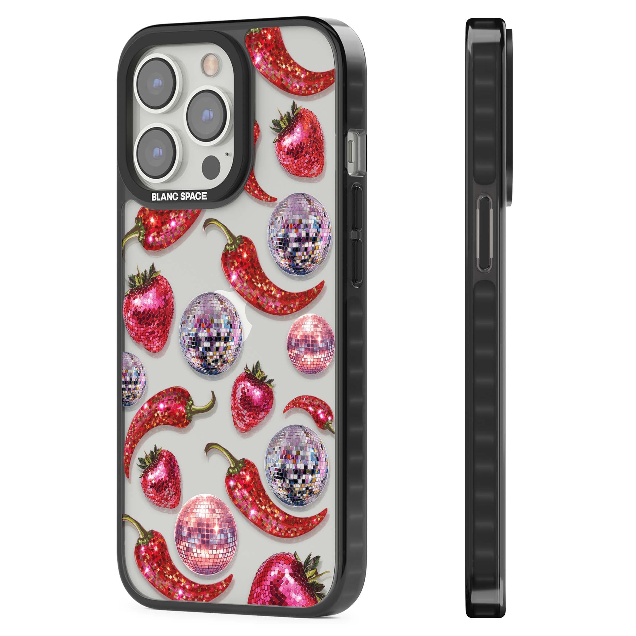 Spicy Disco Y2K iPhone case featuring glitter disco balls, sparkly strawberries and red chilli peppers | Black Impact case for iPhone 13 Pro, iPhone 14 Pro, iPhone 15 Pro