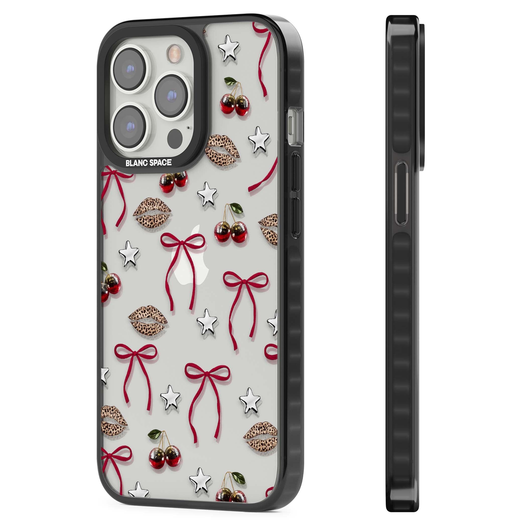 Starlet coquette iPhone case featuring red ribbon bows, disco cherries and leopard-print lips | Black Impact case for iPhone 13 Pro, iPhone 14 Pro, iPhone 15 Pro