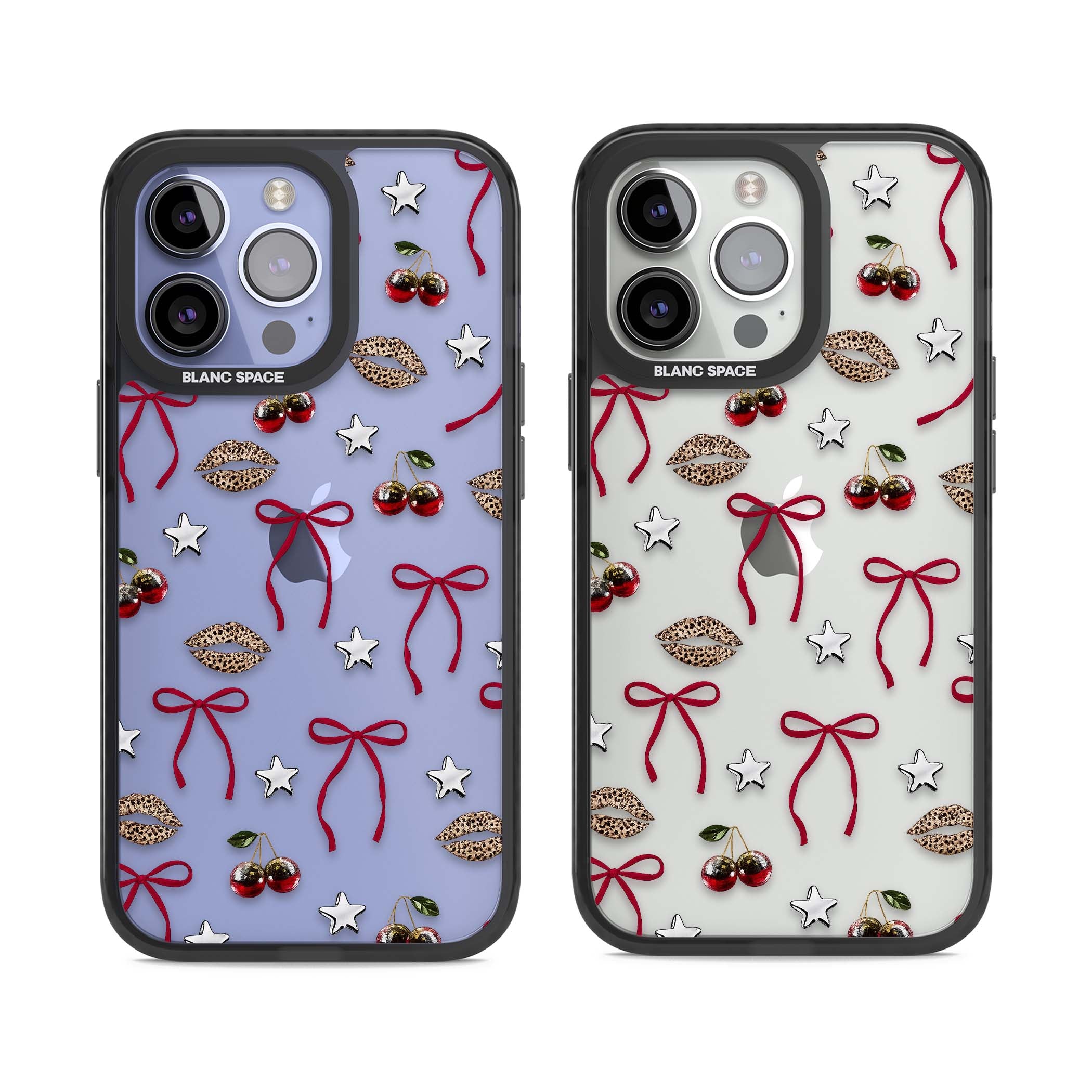 Starlet coquette iPhone case featuring red ribbon bows, disco cherries and leopard-print lips | Black Impact case for iPhone 13 Pro, iPhone 14 Pro, iPhone 15 Pro