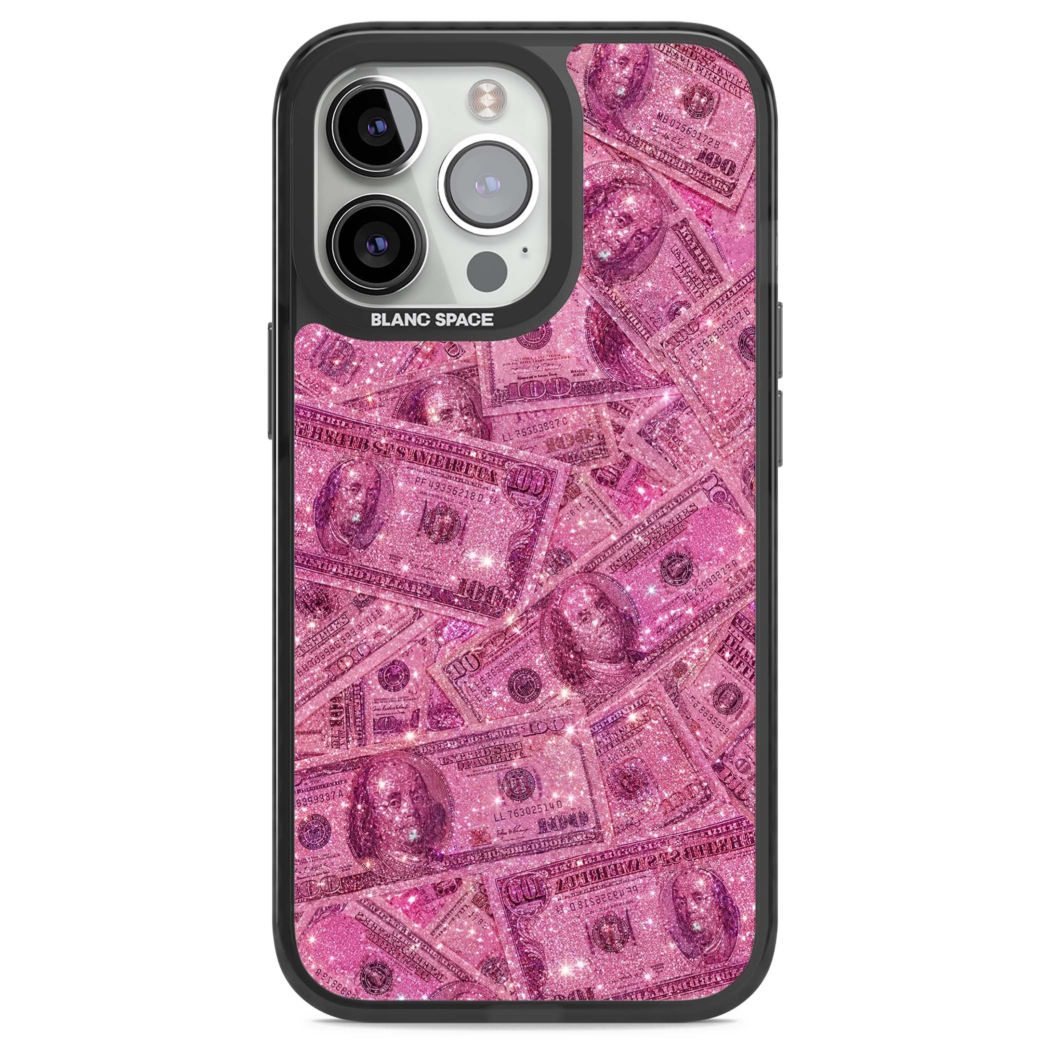 Glamorous baddie iPhone case featuring pink glitter hundred dollar bills and sparkling money wallpaper design | Black Impact case for iPhone 13 Pro, iPhone 14 Pro, iPhone 15 Pro