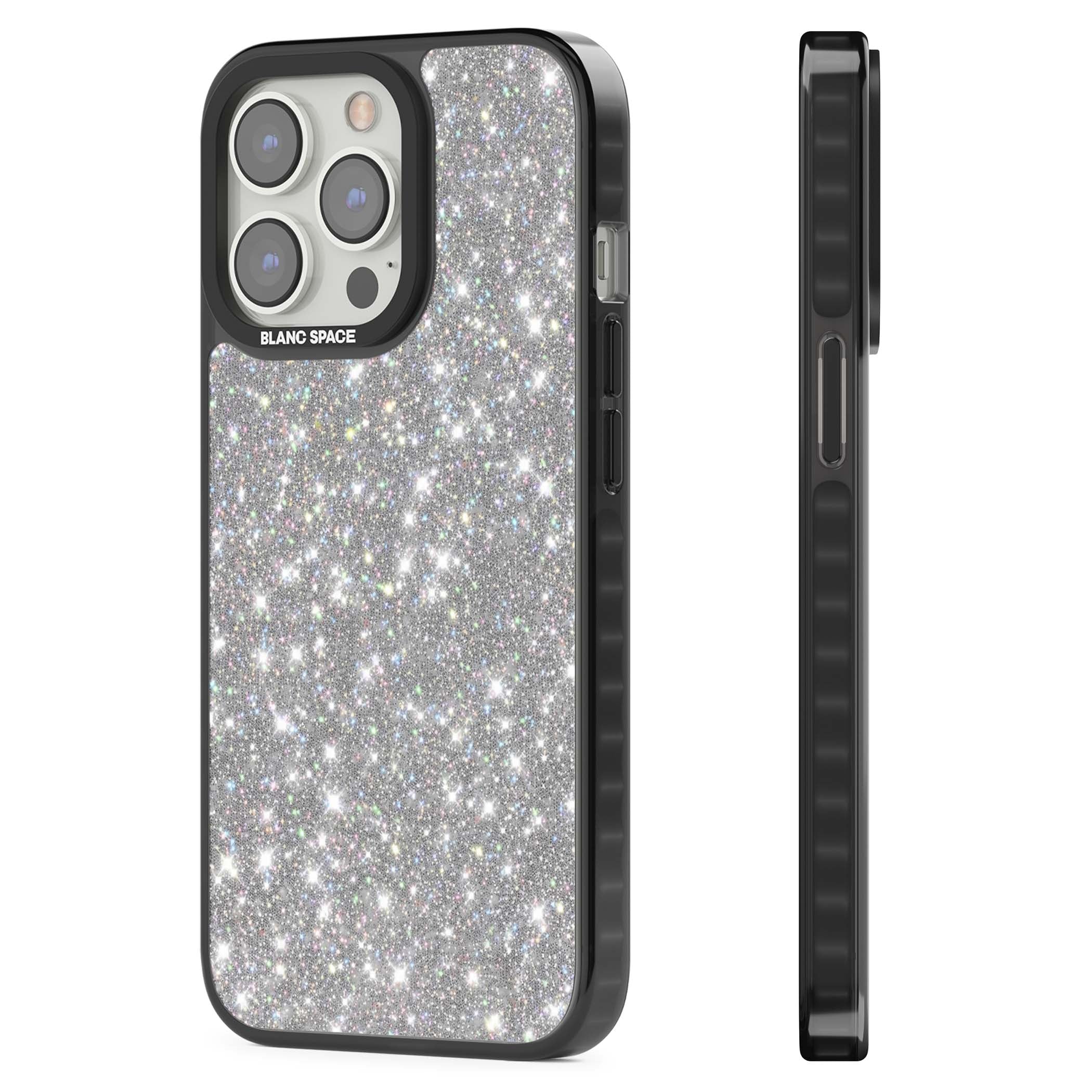 Diamond glam iPhone case featuring silver glitter sparkle and shimmering diamond dust effect | Black Impact case for iPhone 13 Pro, iPhone 14 Pro, iPhone 15 Pro