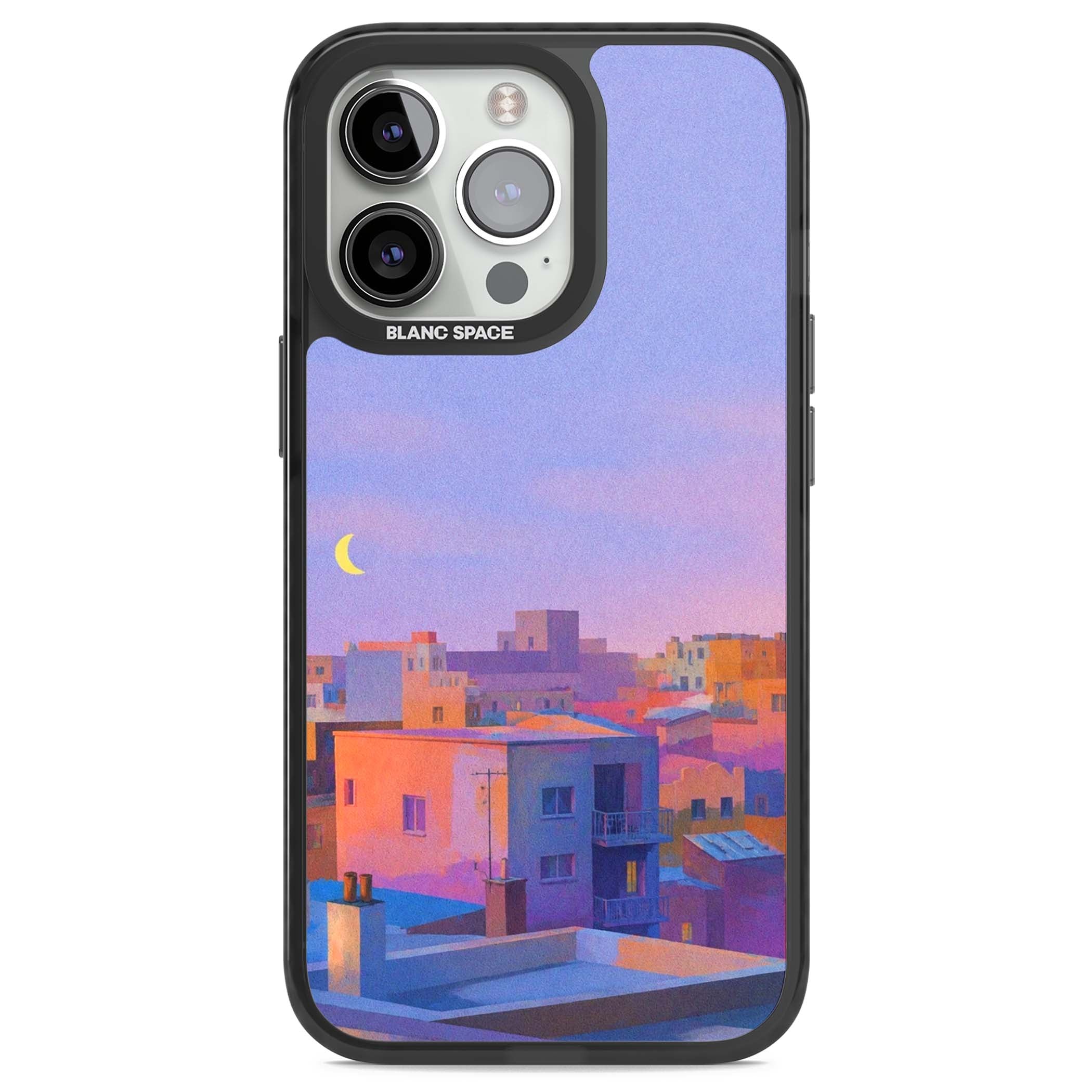 Twilight Rooftops vaporwave iPhone case featuring a pastel sunset cityscape, painted rooftops and a crescent moon. | Black Impact case for iPhone 13 Pro, iPhone 14 Pro, iPhone 15 Pro