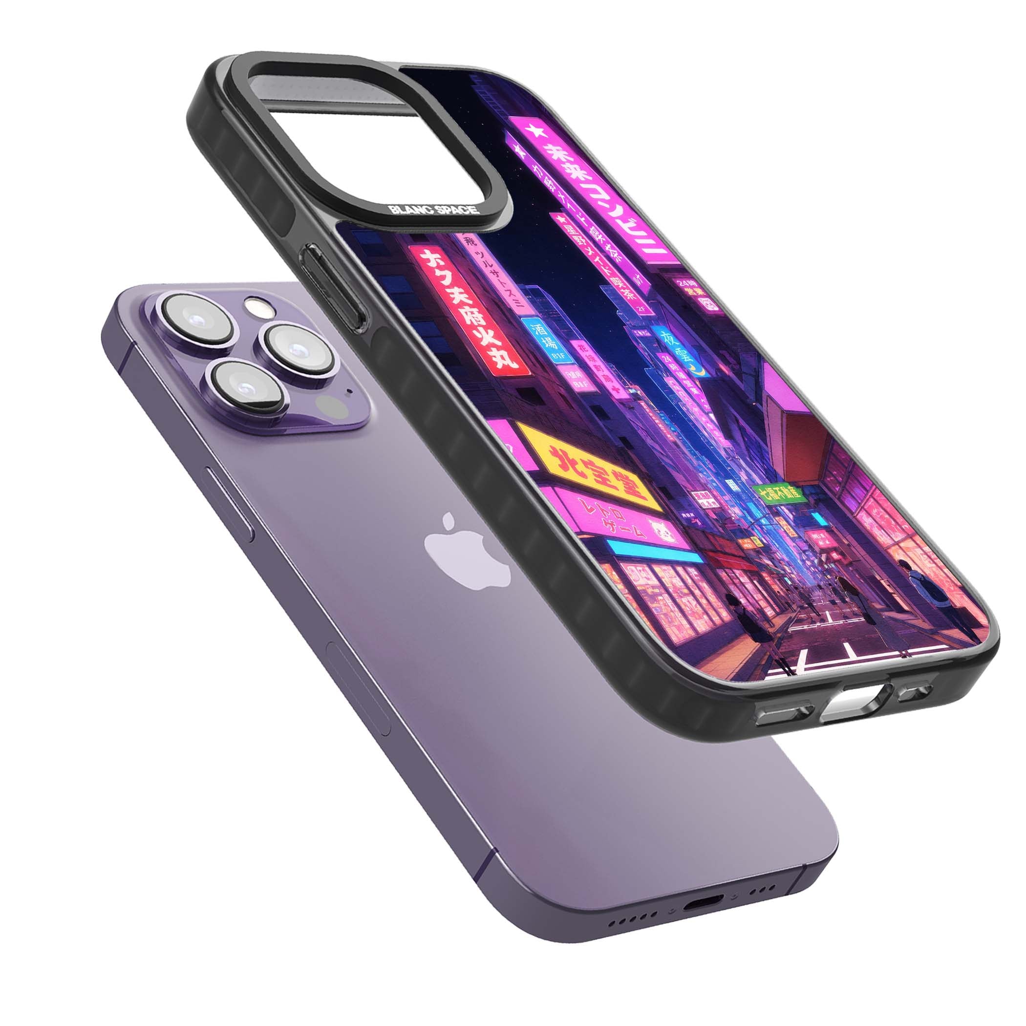Shibuya At Night Japanese neon city iPhone case featuring glowing kanji signs, pink storefronts and a Tokyo street at n | Black Impact case for iPhone 13 Pro, iPhone 14 Pro, iPhone 15 Pro