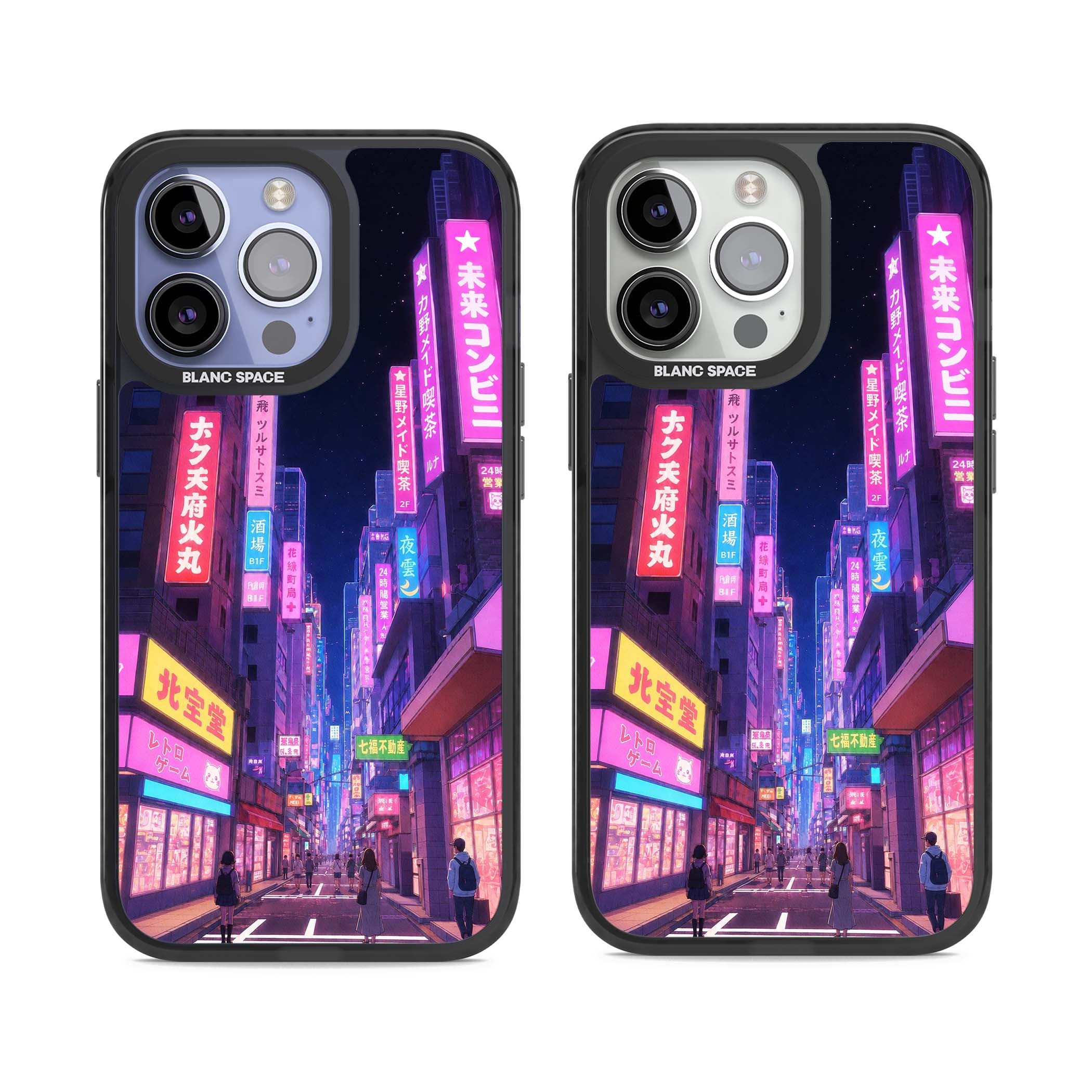 Shibuya At Night Japanese neon city iPhone case featuring glowing kanji signs, pink storefronts and a Tokyo street at n | Black Impact case for iPhone 13 Pro, iPhone 14 Pro, iPhone 15 Pro
