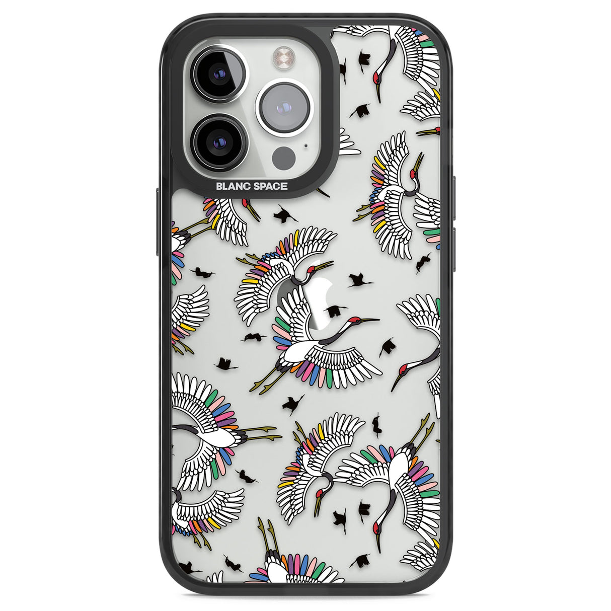 Colourful Crane Pattern Black Impact Phone Case for iPhone 13 Pro, iPhone 14 Pro, iPhone 15 Pro