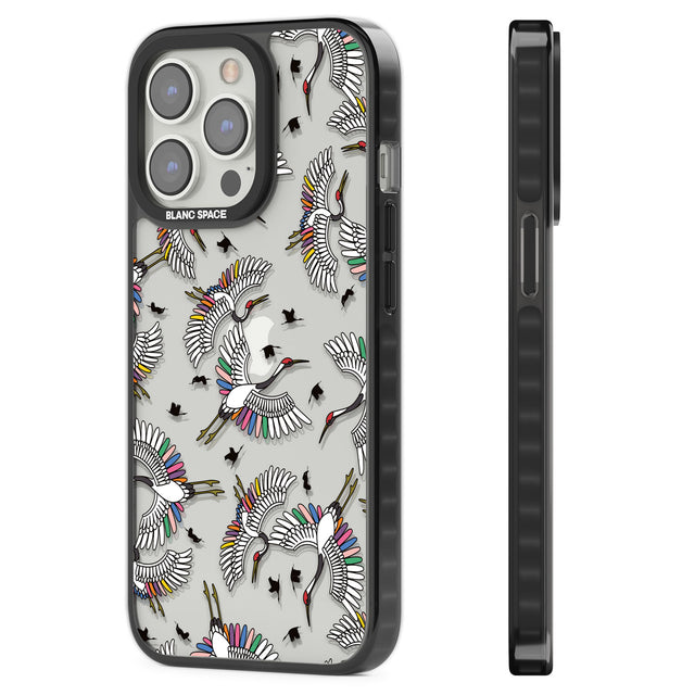 Colourful Crane Pattern Black Impact Phone Case for iPhone 13 Pro, iPhone 14 Pro, iPhone 15 Pro