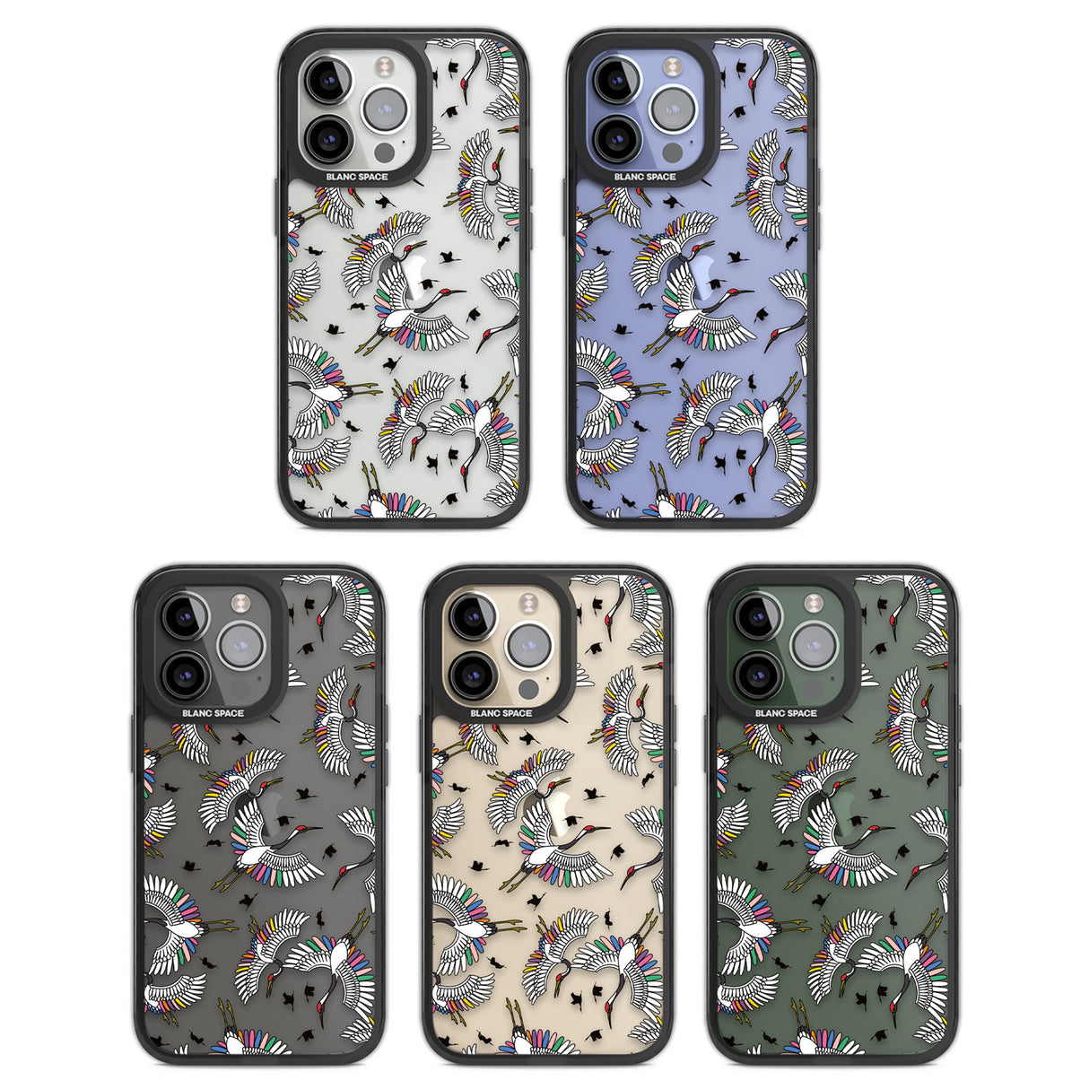 Colourful Crane Pattern Black Impact Phone Case for iPhone 13 Pro, iPhone 14 Pro, iPhone 15 Pro