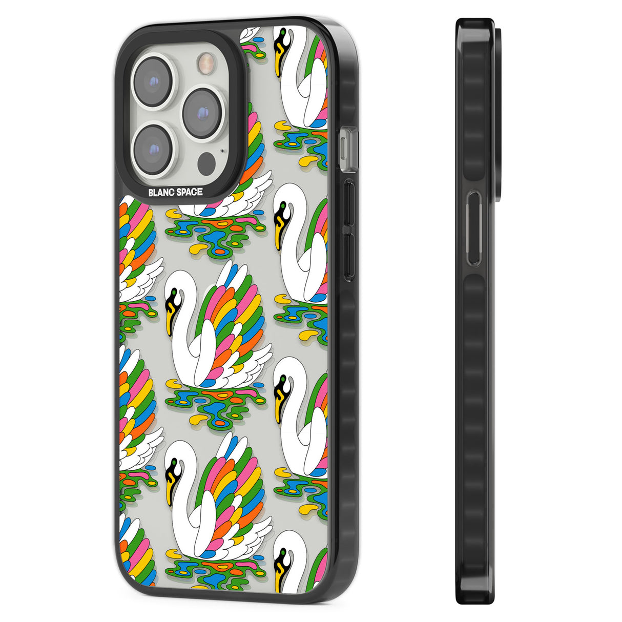 Colourful Swan Pattern Black Impact Phone Case for iPhone 13 Pro, iPhone 14 Pro, iPhone 15 Pro