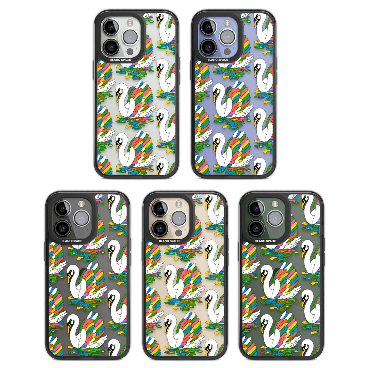 Colourful Swan Pattern Black Impact Phone Case for iPhone 13 Pro, iPhone 14 Pro, iPhone 15 Pro