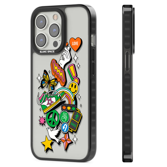 Nostalgic Sticker Collage Black Impact Phone Case for iPhone 13 Pro, iPhone 14 Pro, iPhone 15 Pro