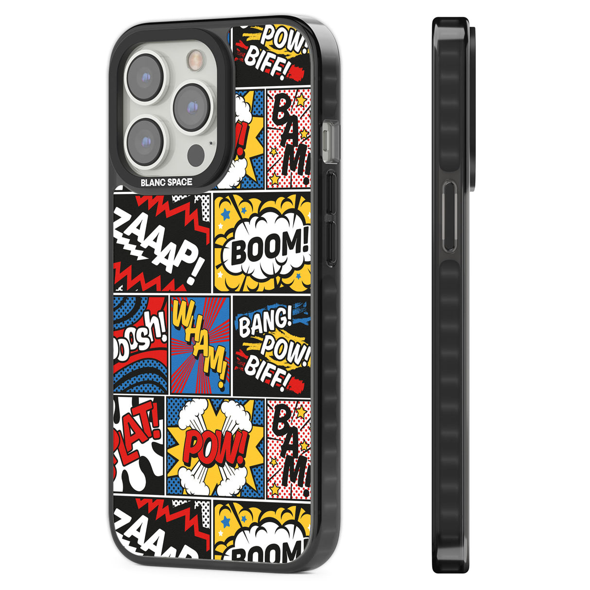 Onomatopoeia Black Impact Phone Case for iPhone 13 Pro, iPhone 14 Pro, iPhone 15 Pro