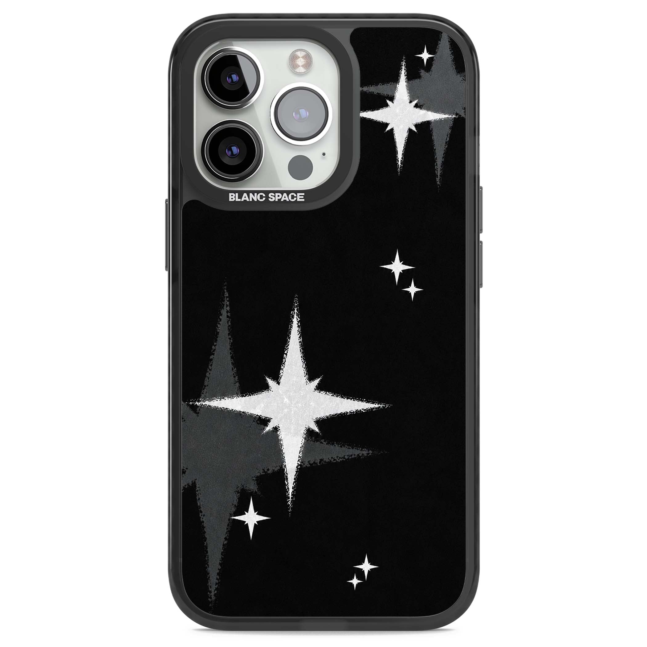 Black Sparkle celestial iPhone case featuring white sparkle stars on a black night sky background | Black Impact case for iPhone 13 Pro, iPhone 14 Pro, iPhone 15 Pro