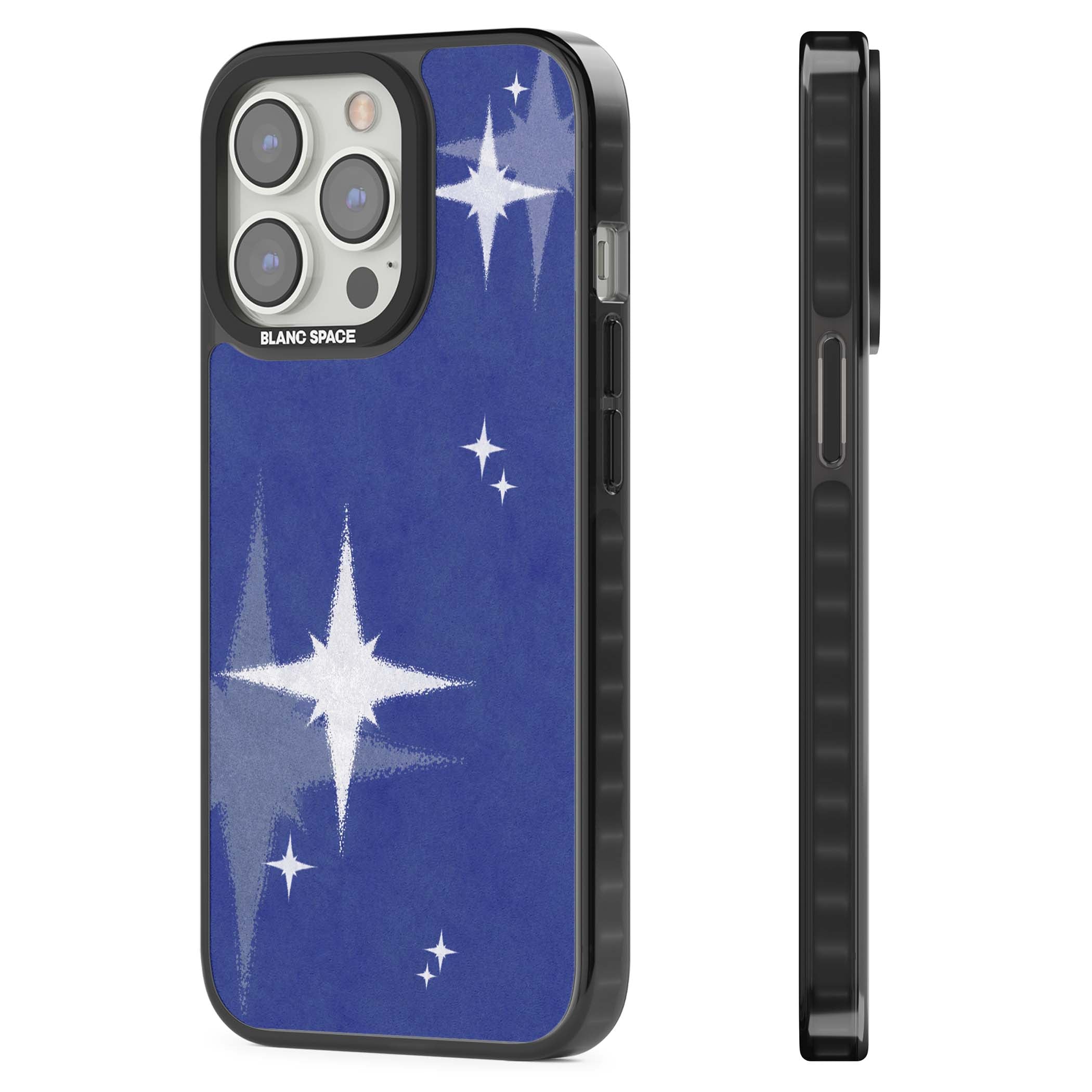 Blue Sparkle celestial iPhone case featuring sparkling silver stars on a deep blue painterly night sky | Black Impact case for iPhone 13 Pro, iPhone 14 Pro, iPhone 15 Pro